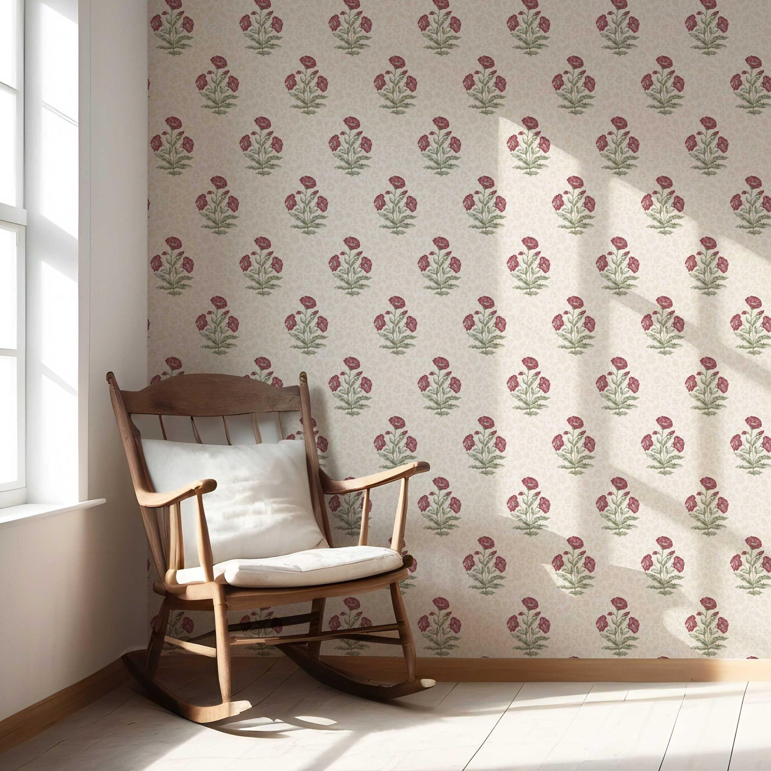 Floral Block Print Nursery Wallpaper (Berry Red/ Maroon/ Green)