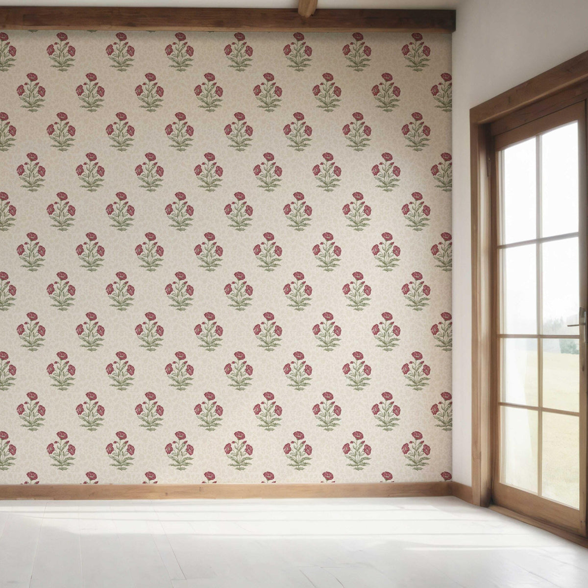 Floral Block Print Bedroom Wallpaper (Berry Red/ Maroon/ Green)