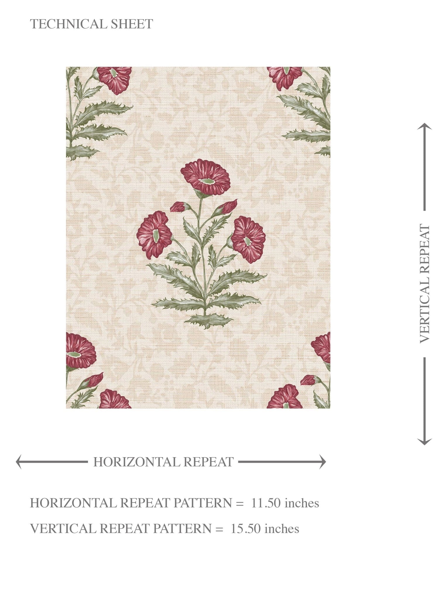 Floral Block Print Kids Room Wallpaper (Berry Red/ Maroon/ Green)