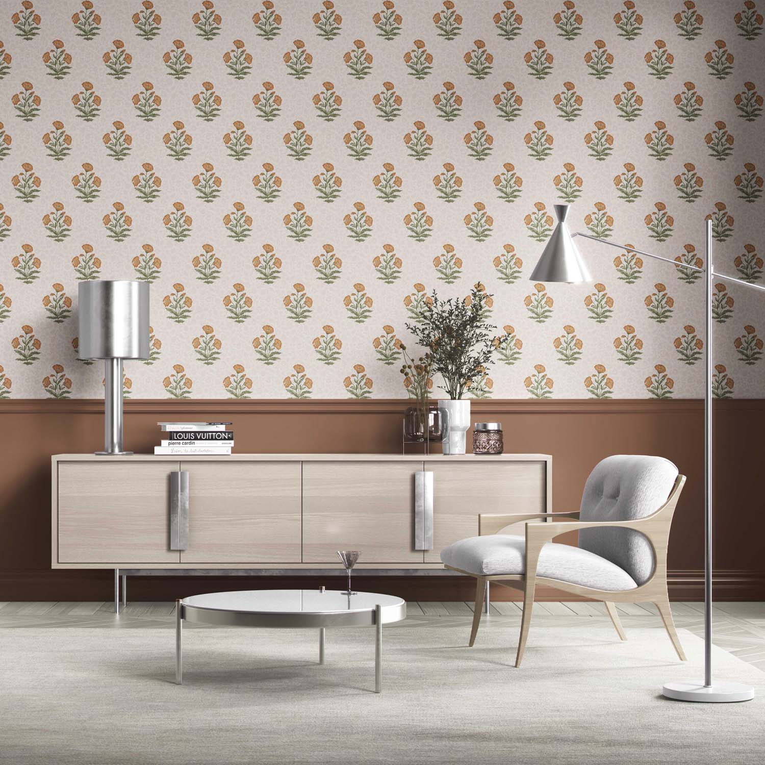 Floral Block Print Kitchen Wallpaper (Ochre Yellow/ Green)
