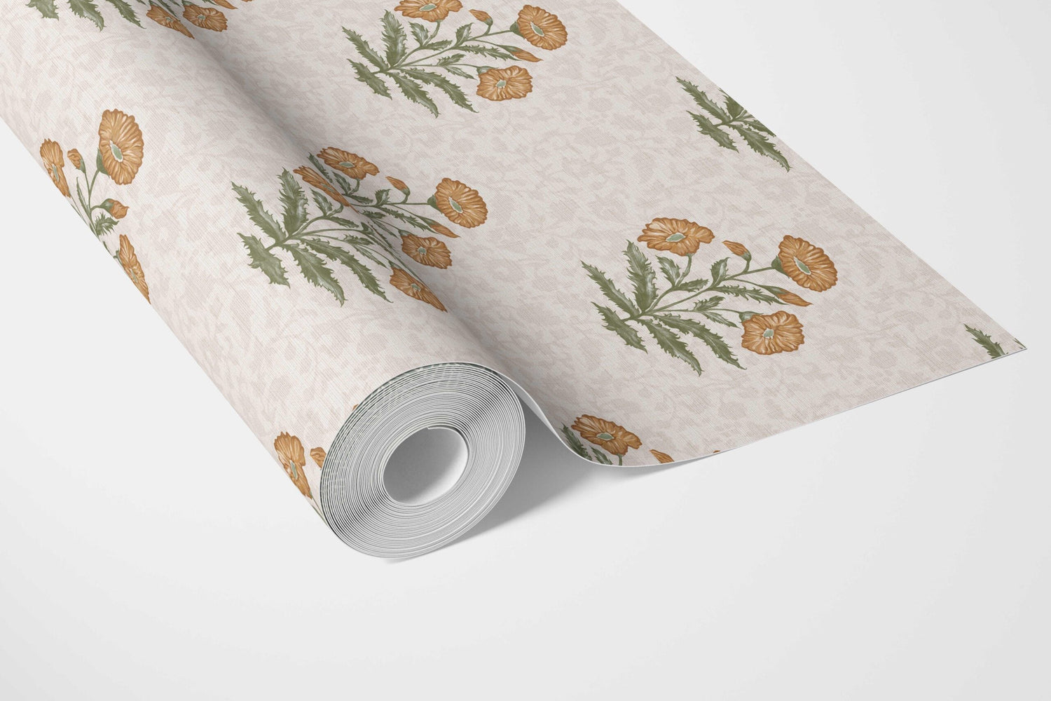 Floral Block Print Bathroom Wallpaper (Ochre Yellow/ Green)