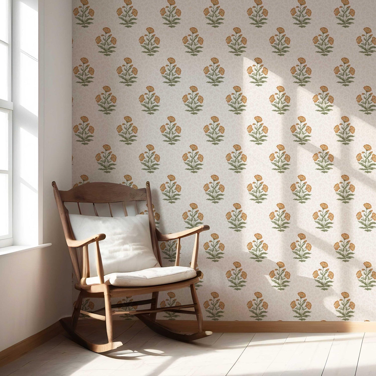 Floral Block Print Nursery Wallpaper (Ochre Yellow/ Green)