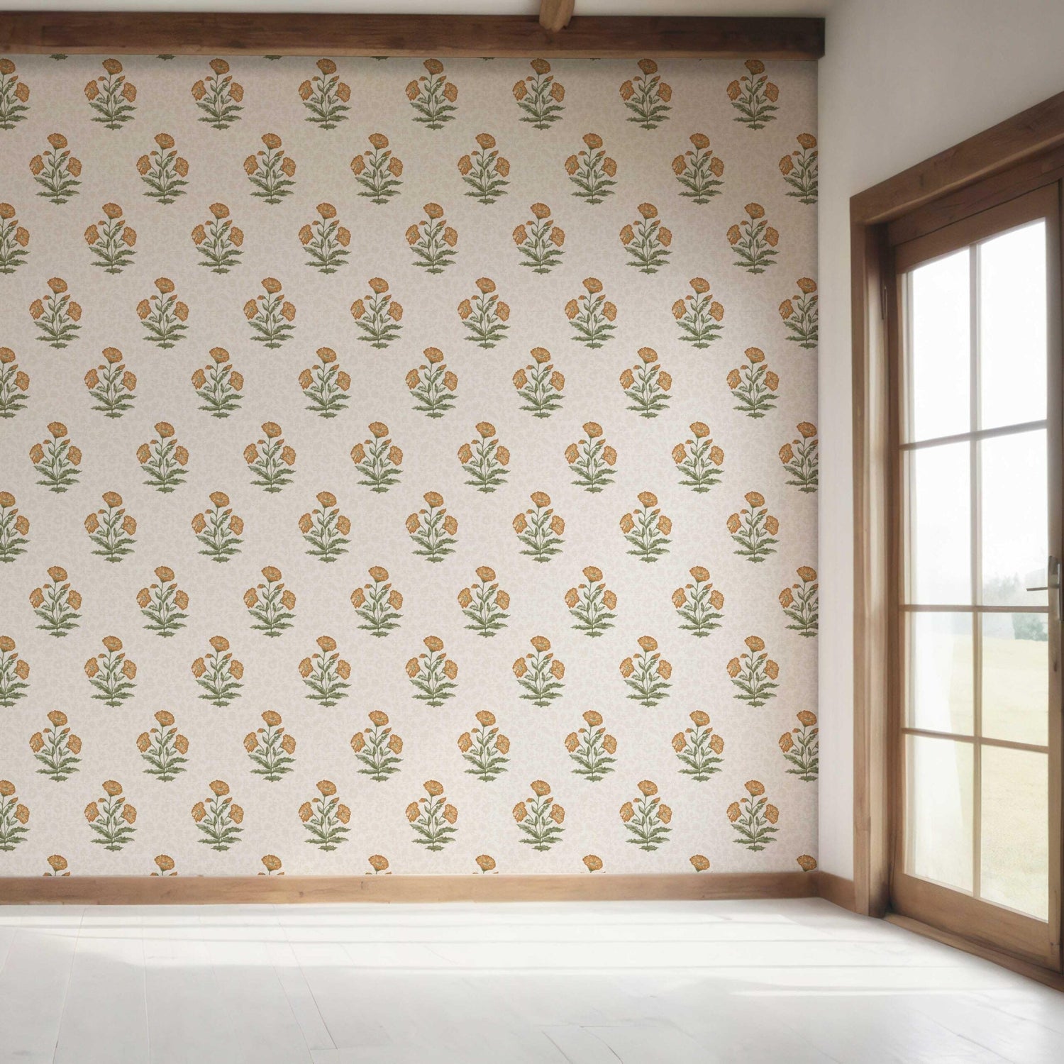 Floral Block Print Bedroom Wallpaper (Ochre Yellow/ Green)