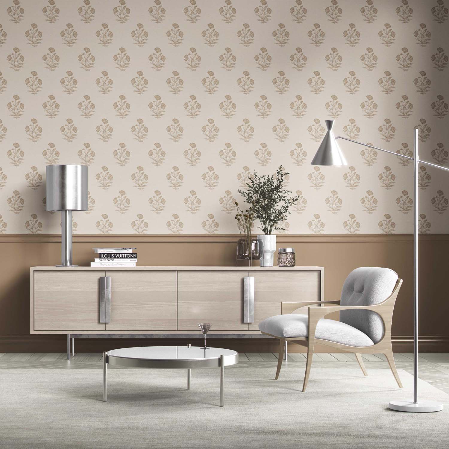 Neutral Floral Block Print Kitchen Wallpaper (Light Brown/ Beige/ Taupe)