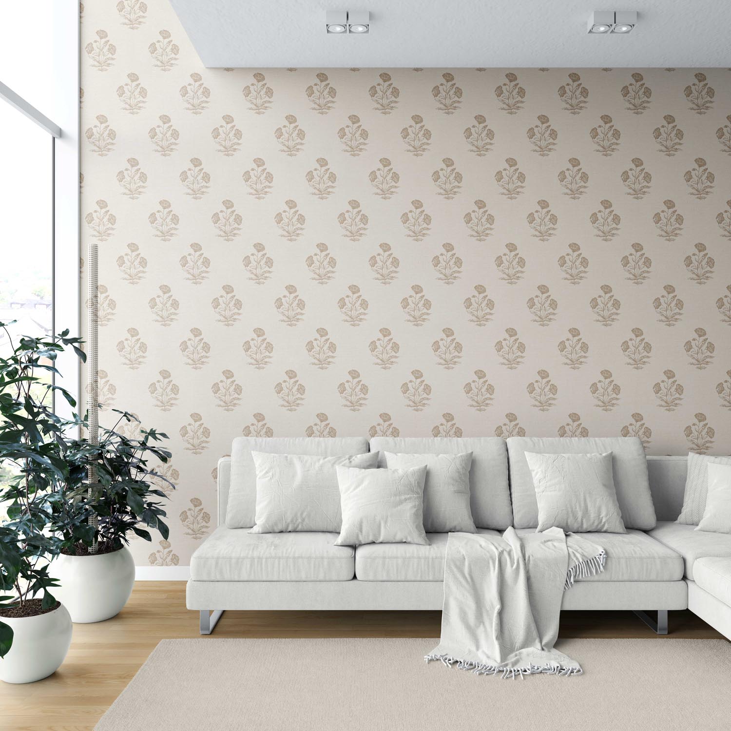Neutral Floral Block Print Shower Toilet Wallpaper (Light Brown/ Beige/ Taupe)