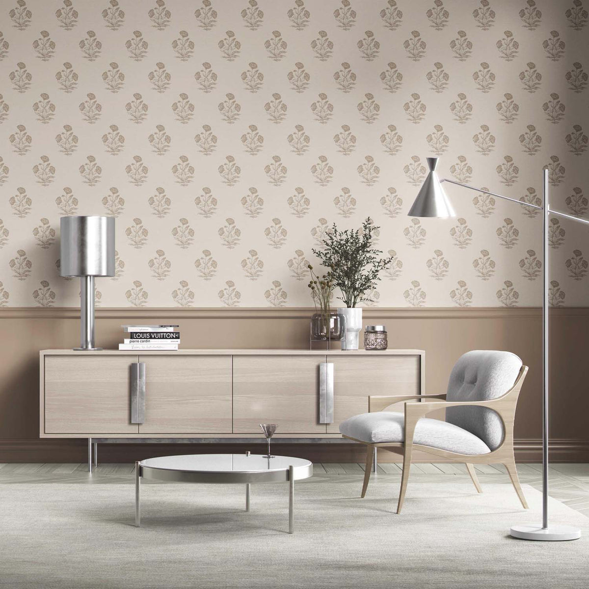 Neutral Floral Block Print Kitchen Wallpaper (Beige/ Brown/ Taupe)