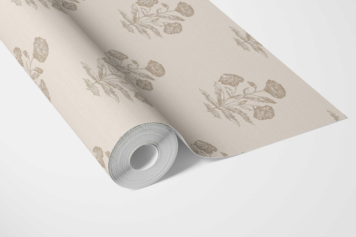 Neutral Floral Block Print Bathroom Wallpaper (Beige/ Brown/ Taupe)