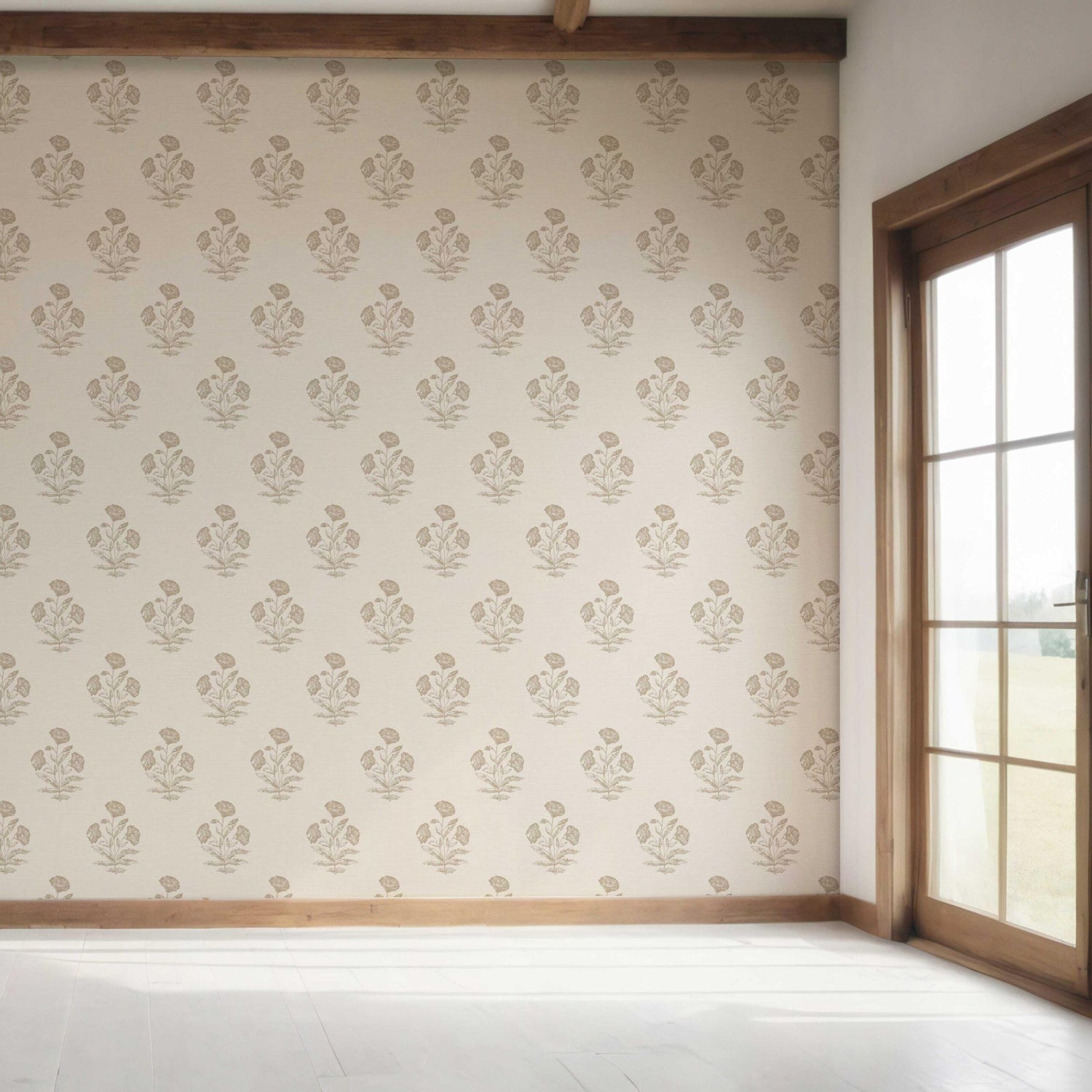Neutral Floral Block Print Bedroom Wallpaper (Beige/ Brown/ Taupe)