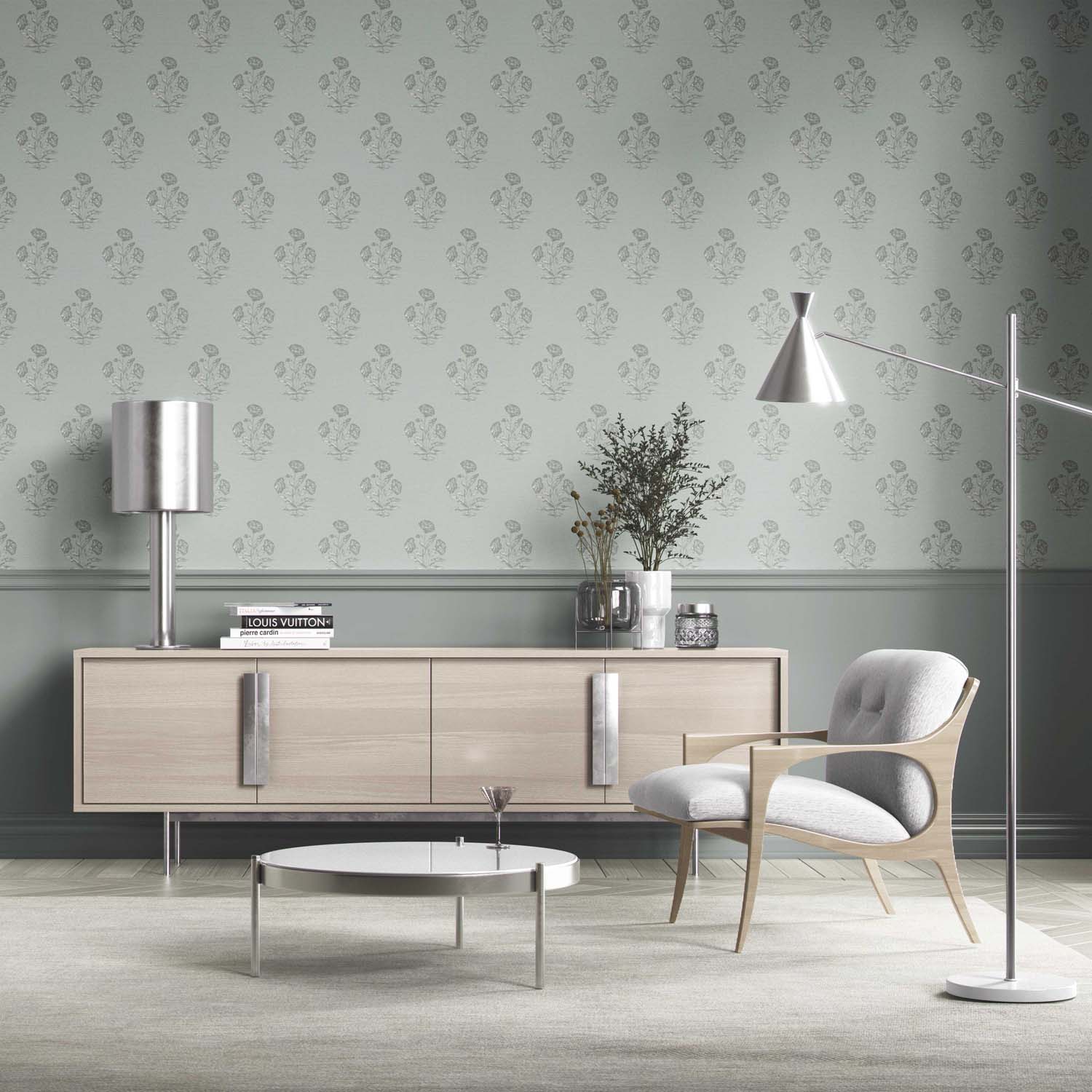 Floral Block Print Kitchen Wallpaper (Shell Blue/ Gray)
