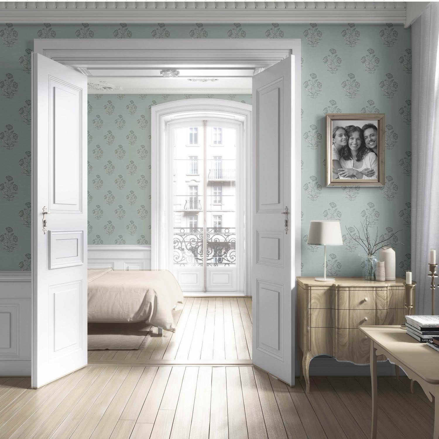 Floral Block Print Living Room Wallpaper (Shell Blue/ Gray)
