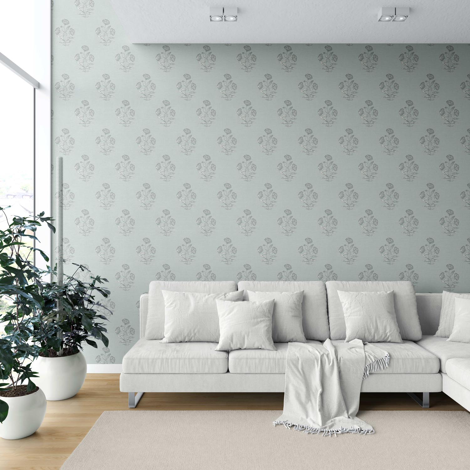 Floral Block Print Shower Toilet Wallpaper (Shell Blue/ Gray)