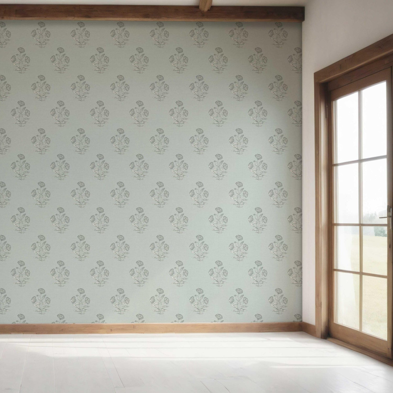 Floral Block Print Bedroom Wallpaper (Shell Blue/ Gray)