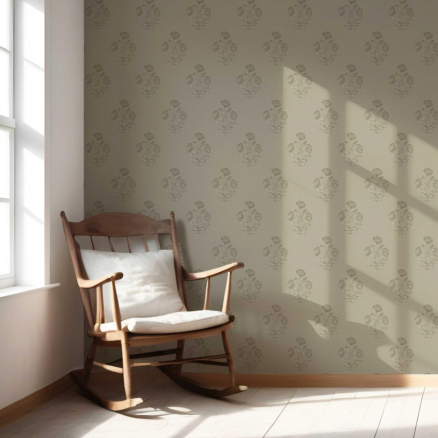 Floral Block Print Nursery Wallpaper (Olive Gray)