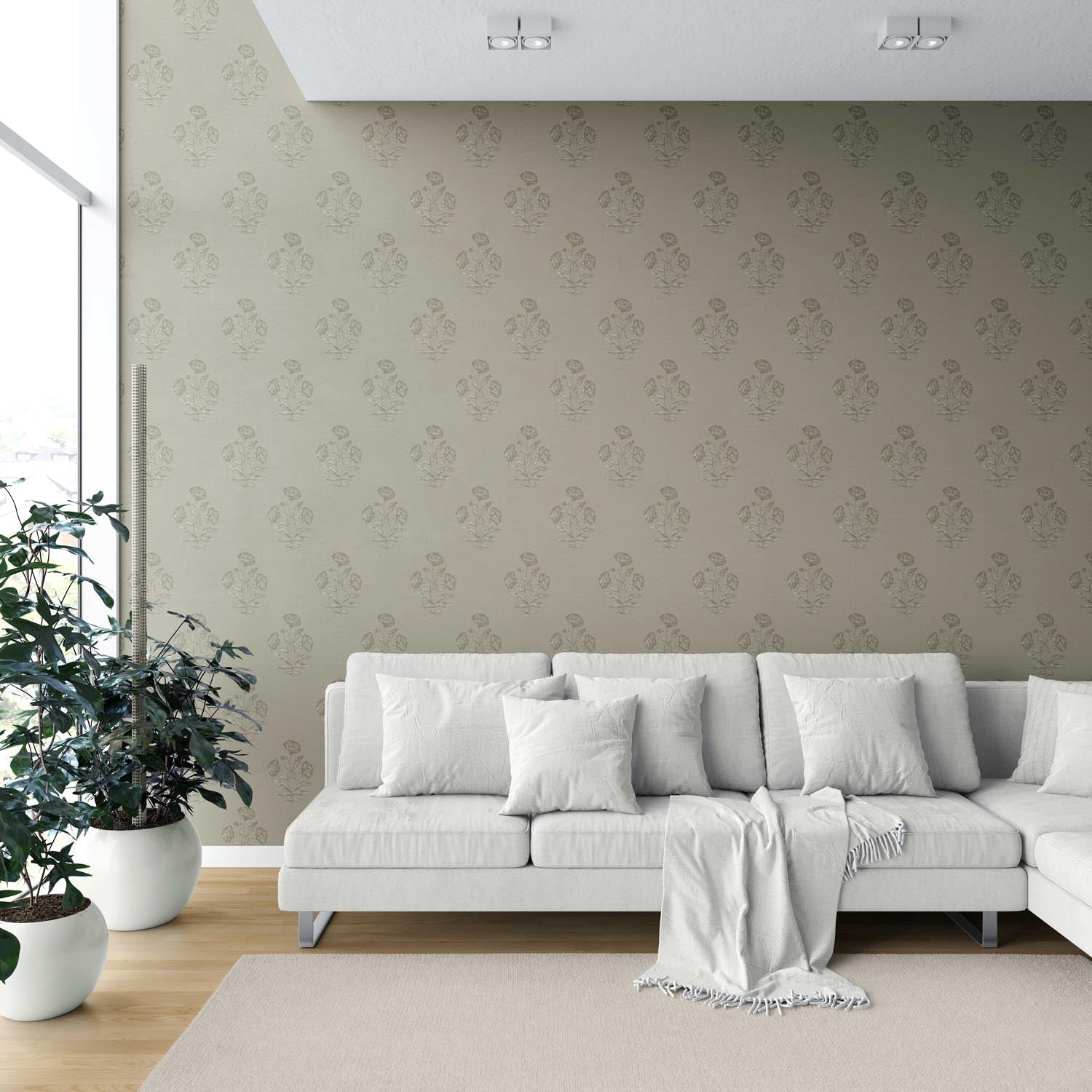 Floral Block Print Shower Toilet Wallpaper (Olive Gray)
