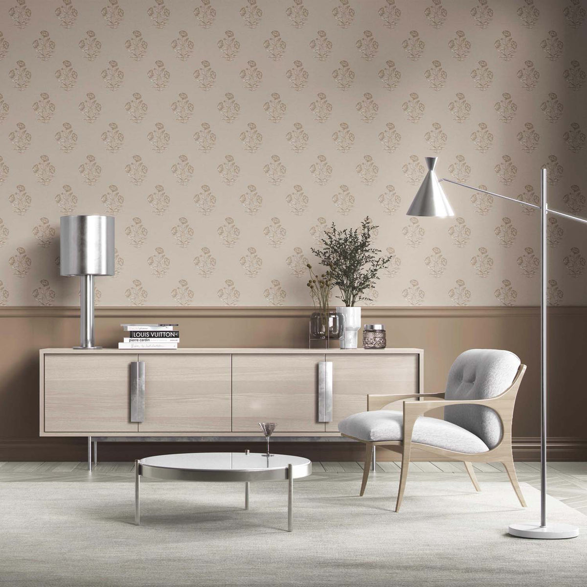Neutral Floral Block Print Kitchen Wallpaper (Warm Beige/ Greige/ Brown)