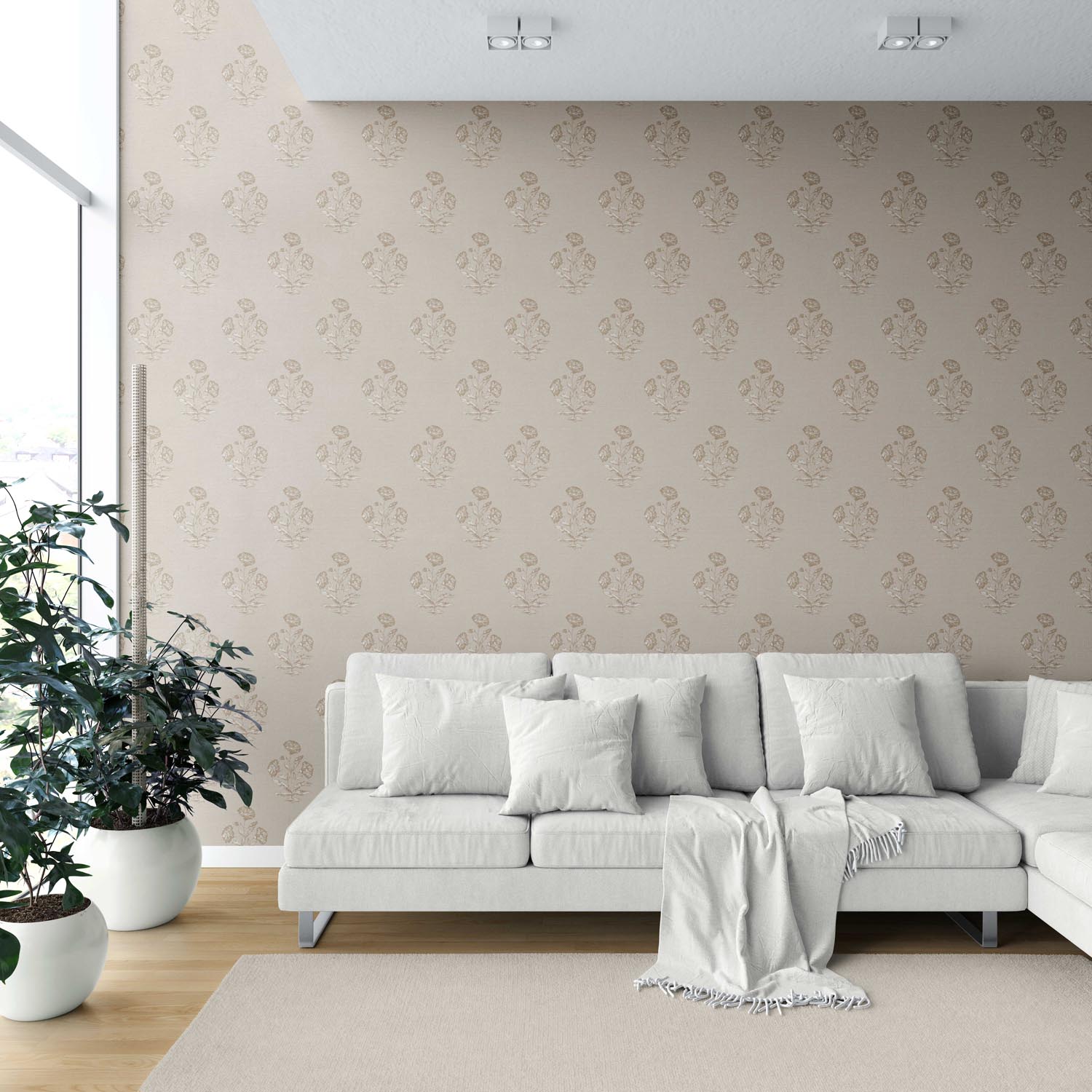 Neutral Floral Block Print Shower Toilet Wallpaper (Warm Beige/ Greige/ Brown)