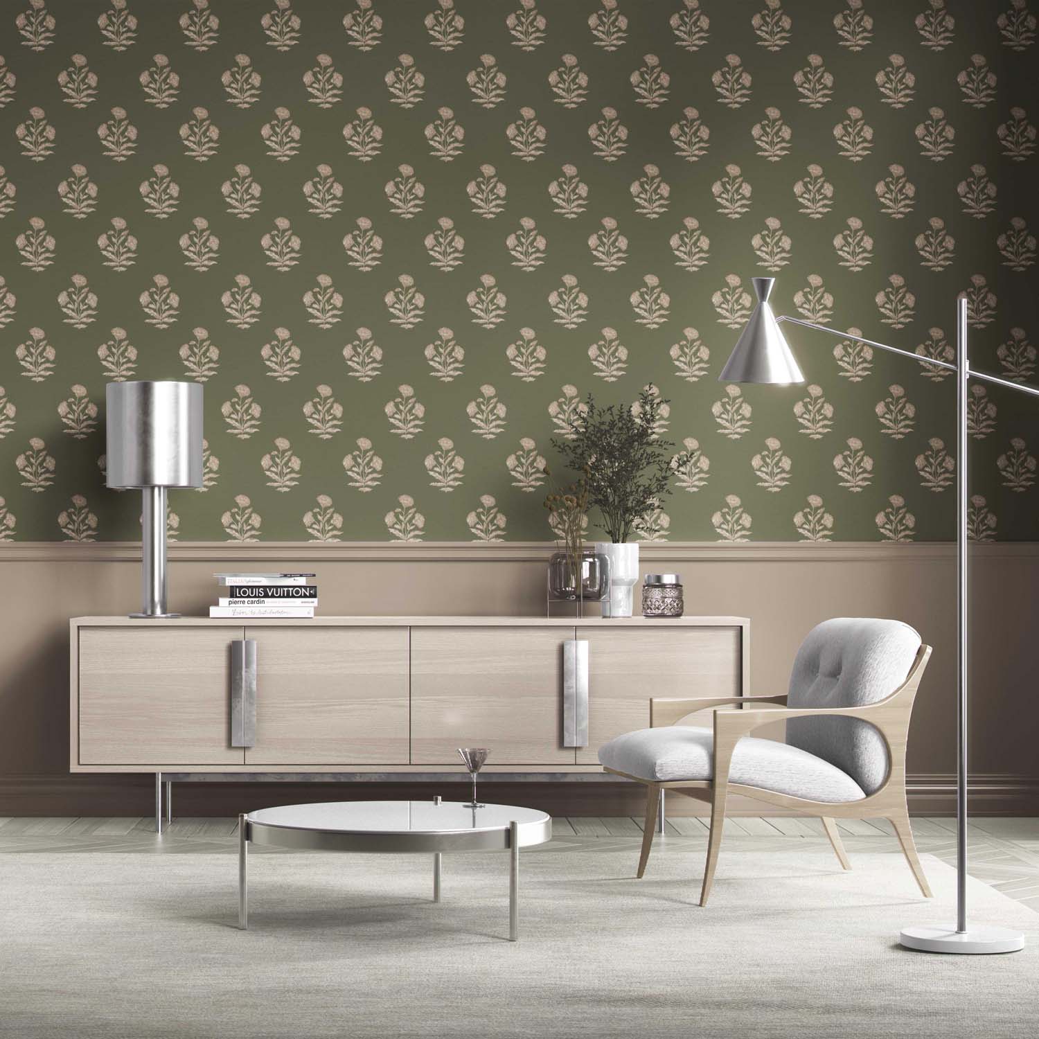 Floral Block Print Kitchen Wallpaper (Olive Green/ Beige)