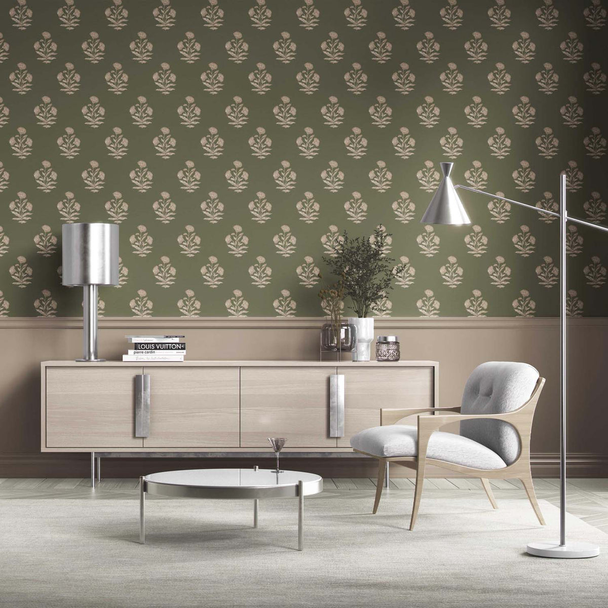 Floral Block Print Kitchen Wallpaper (Olive Green/ Beige)