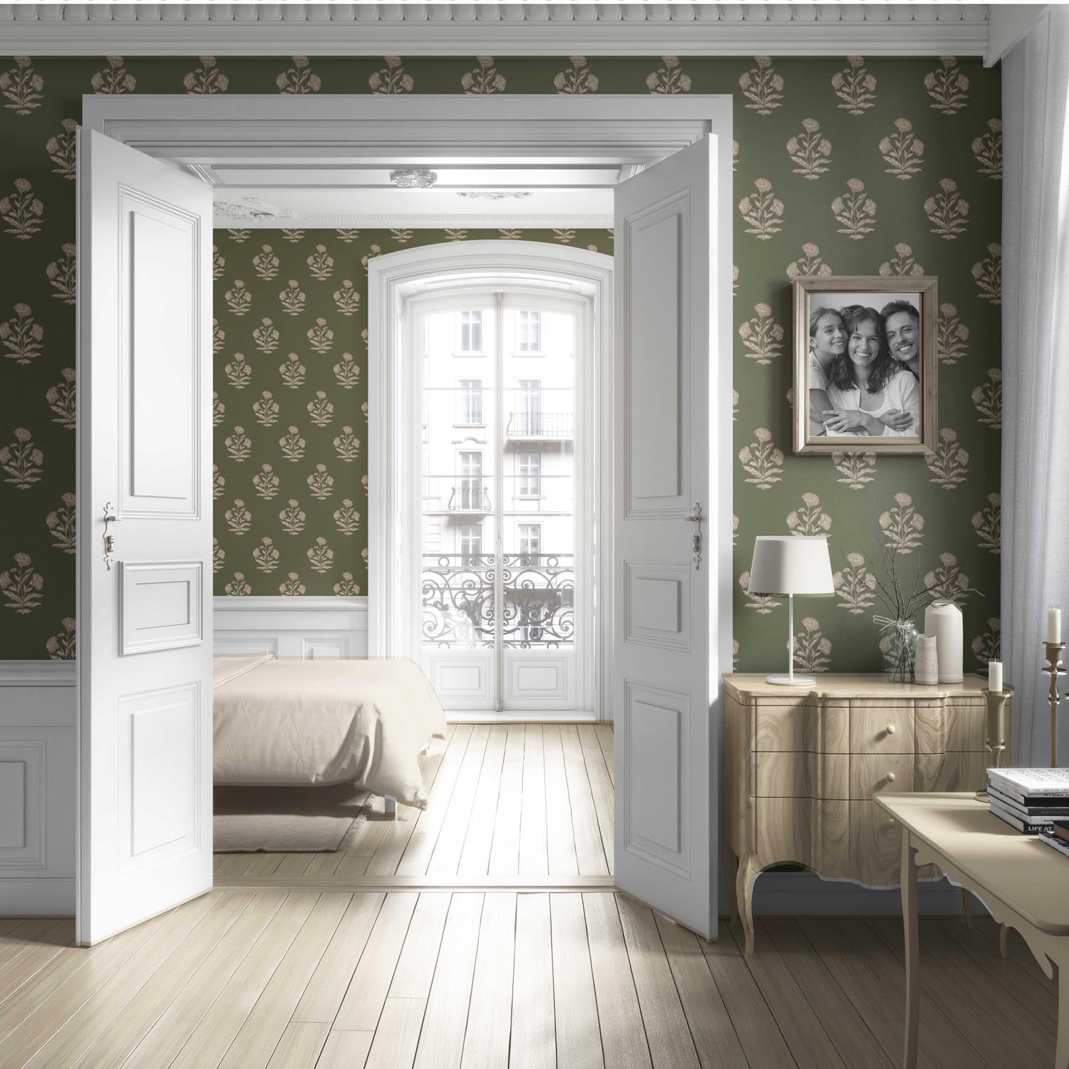 Floral Block Print Living Room Wallpaper (Olive Green/ Beige)