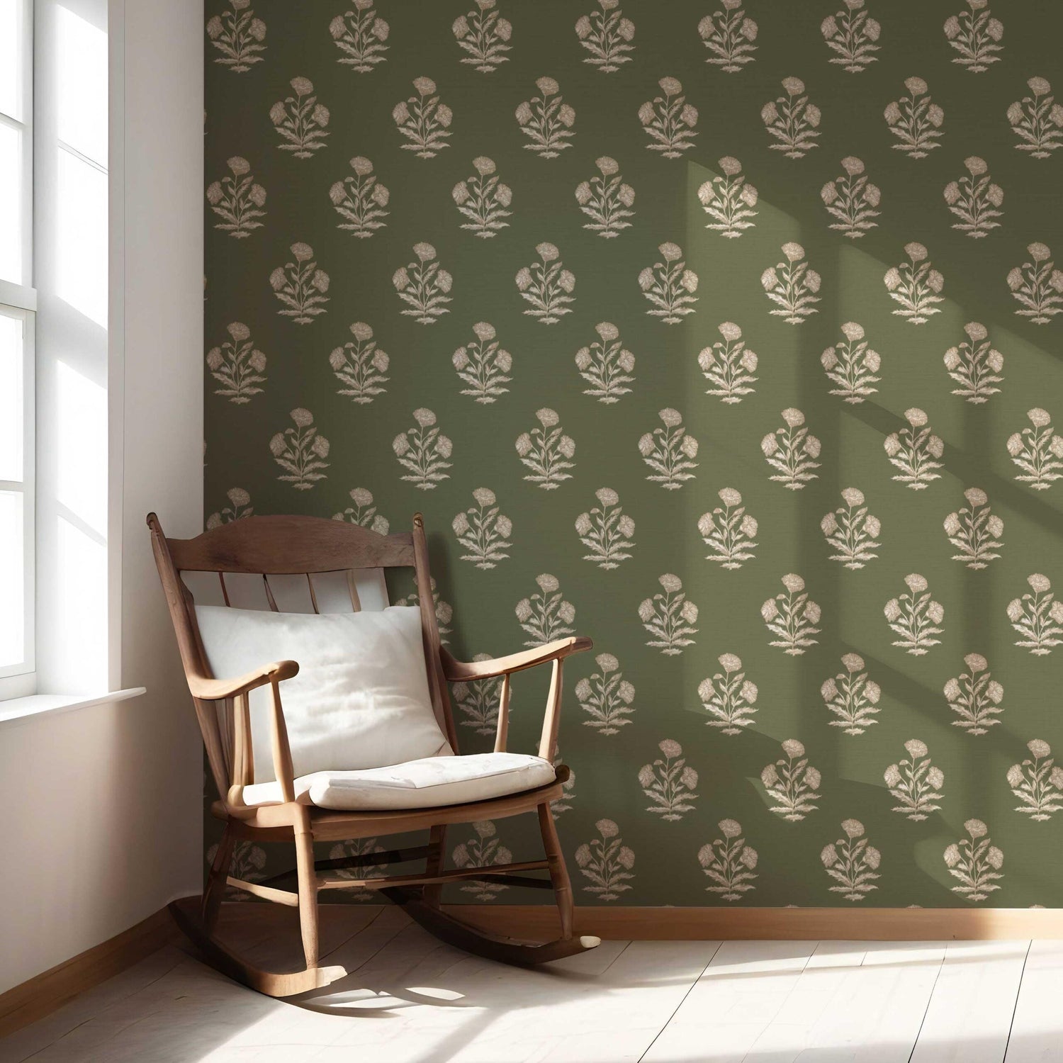 Floral Block Print Nursery Wallpaper (Olive Green/ Beige)