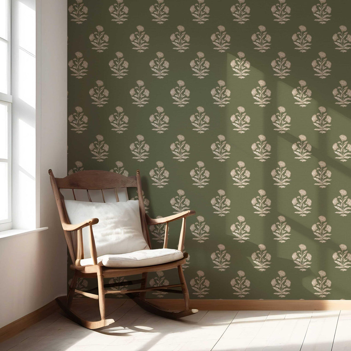 Floral Block Print Nursery Wallpaper (Olive Green/ Beige)