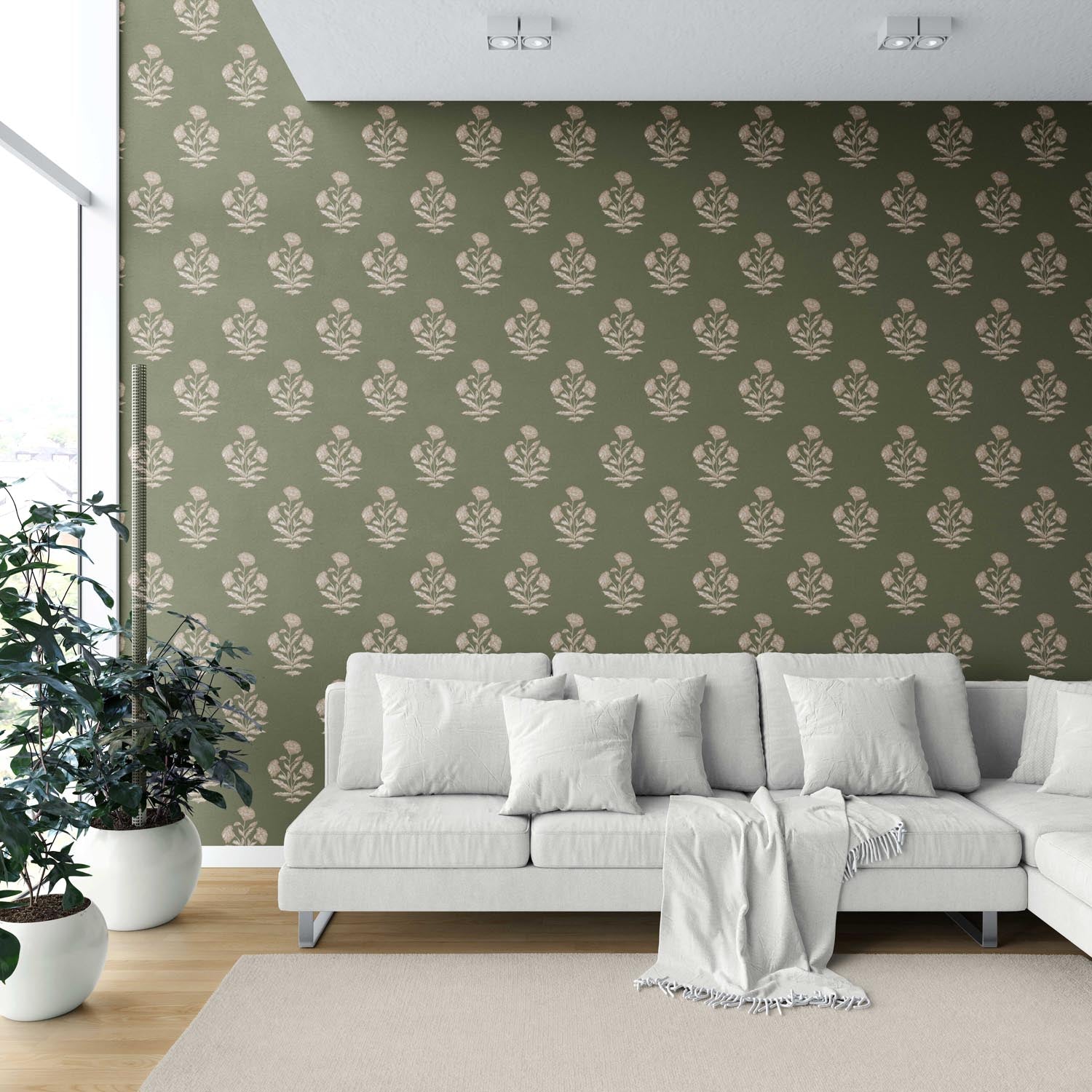 Floral Block Print Shower Toilet Wallpaper (Olive Green/ Beige)