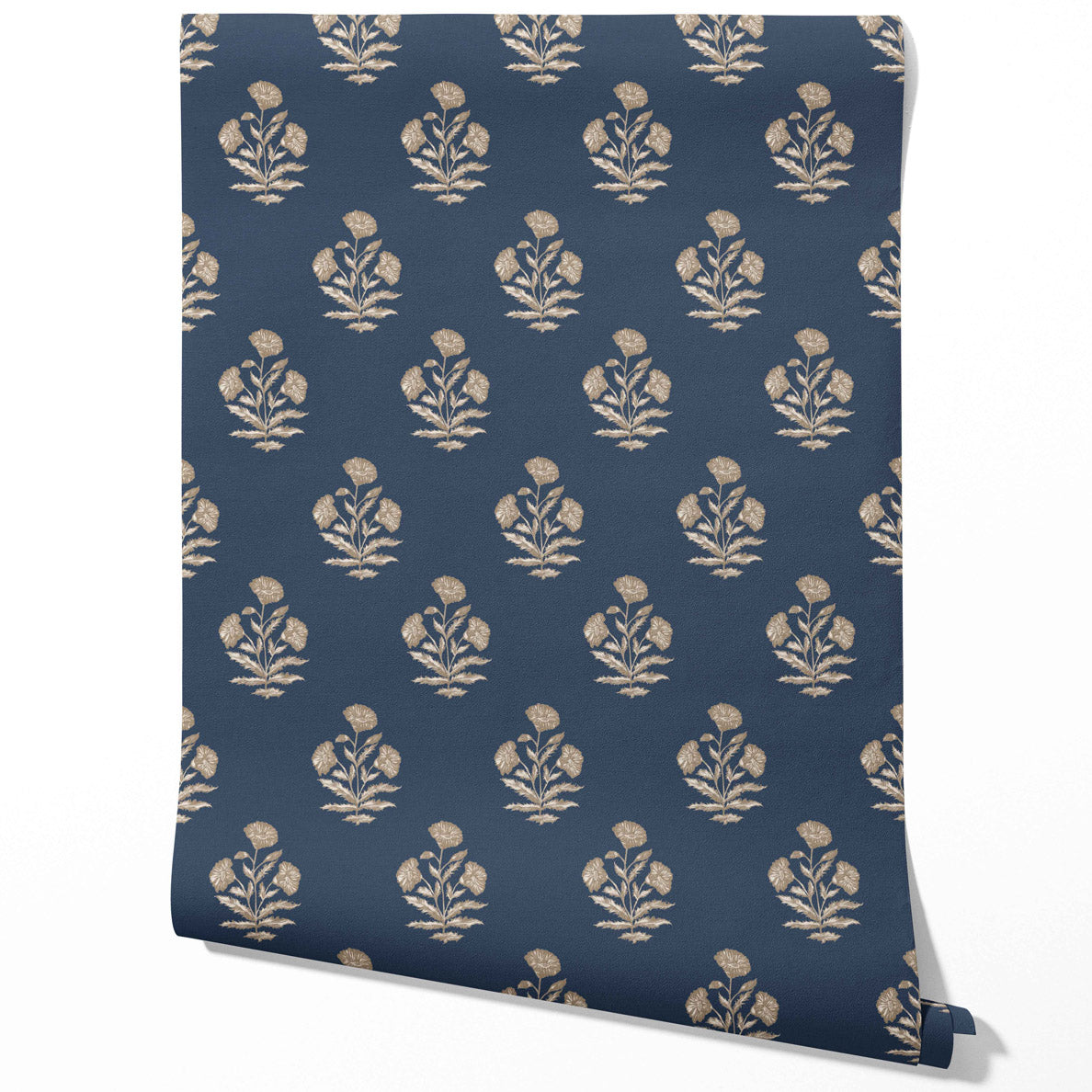 Floral Block Print Traditional Wallpaper (Navy Blue/ Beige)