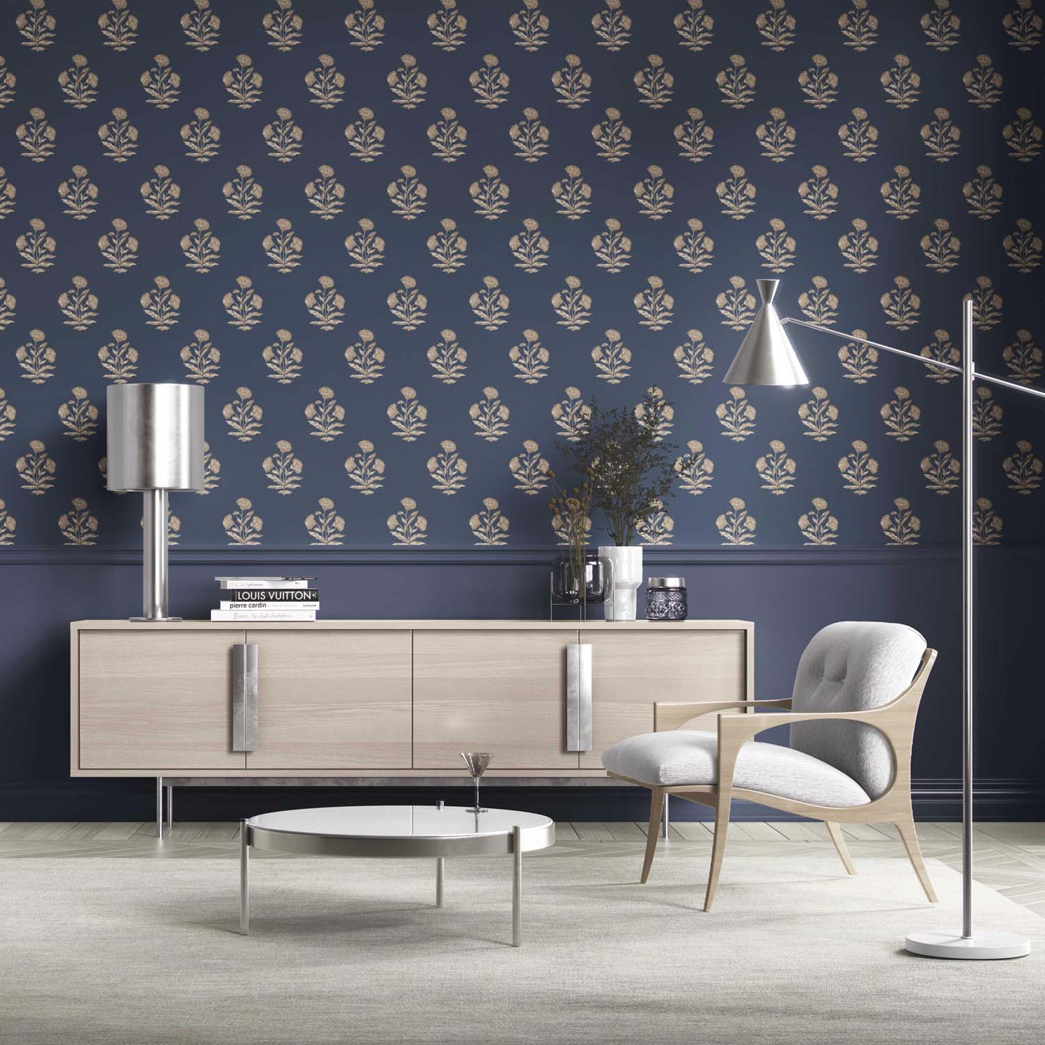 Floral Block Print Kitchen Wallpaper (Navy Blue/ Beige)