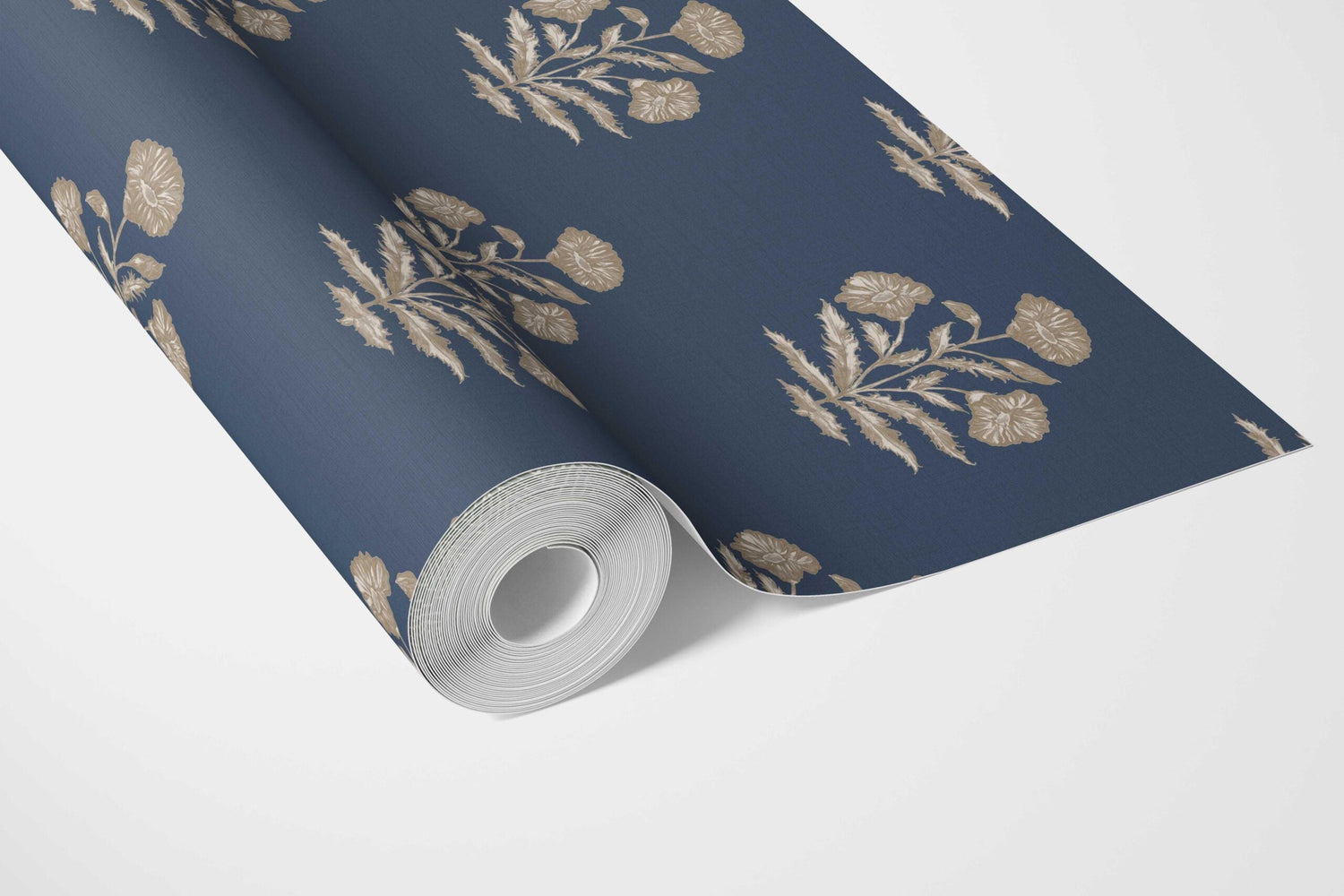 Floral Block Print Bathroom Wallpaper (Navy Blue/ Beige)