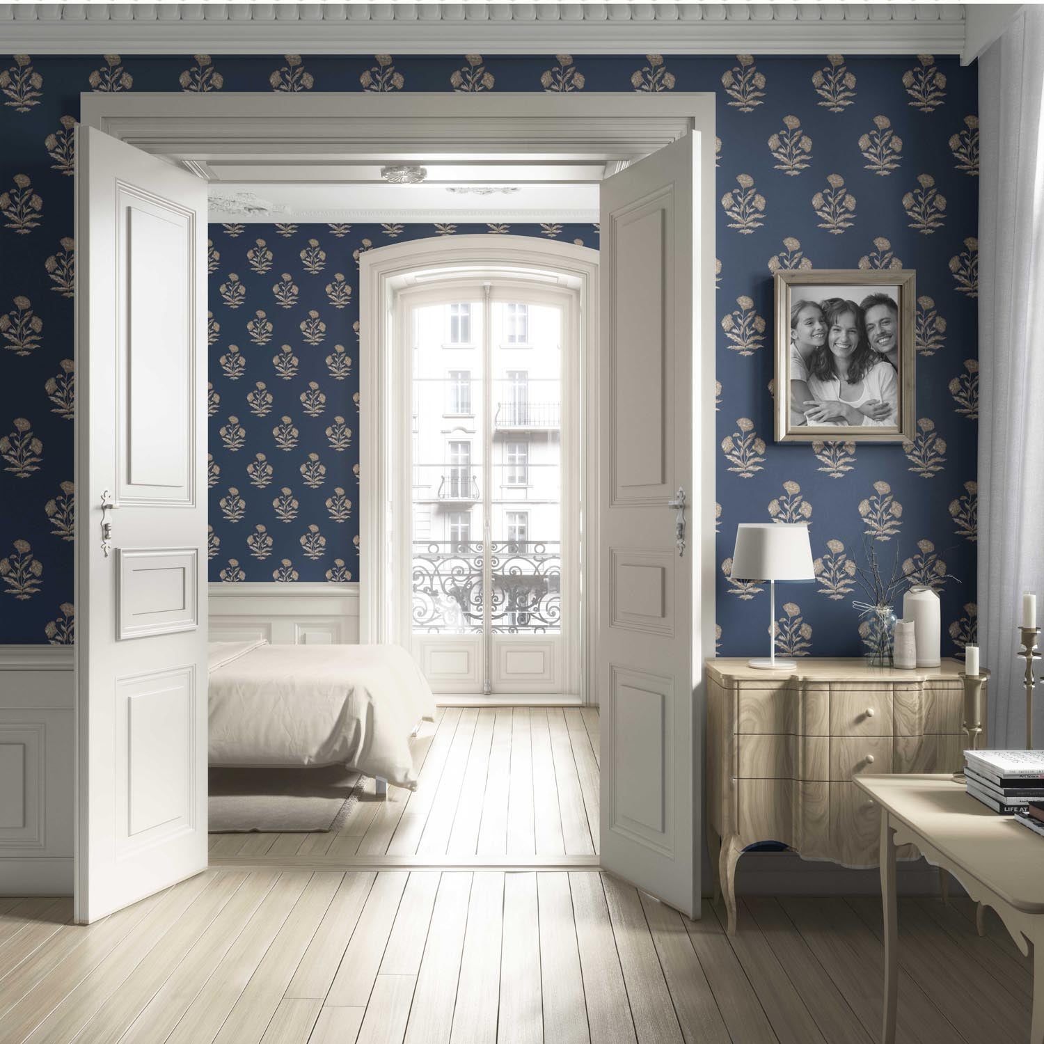 Floral Block Print Living Room Wallpaper (Navy Blue/ Beige)