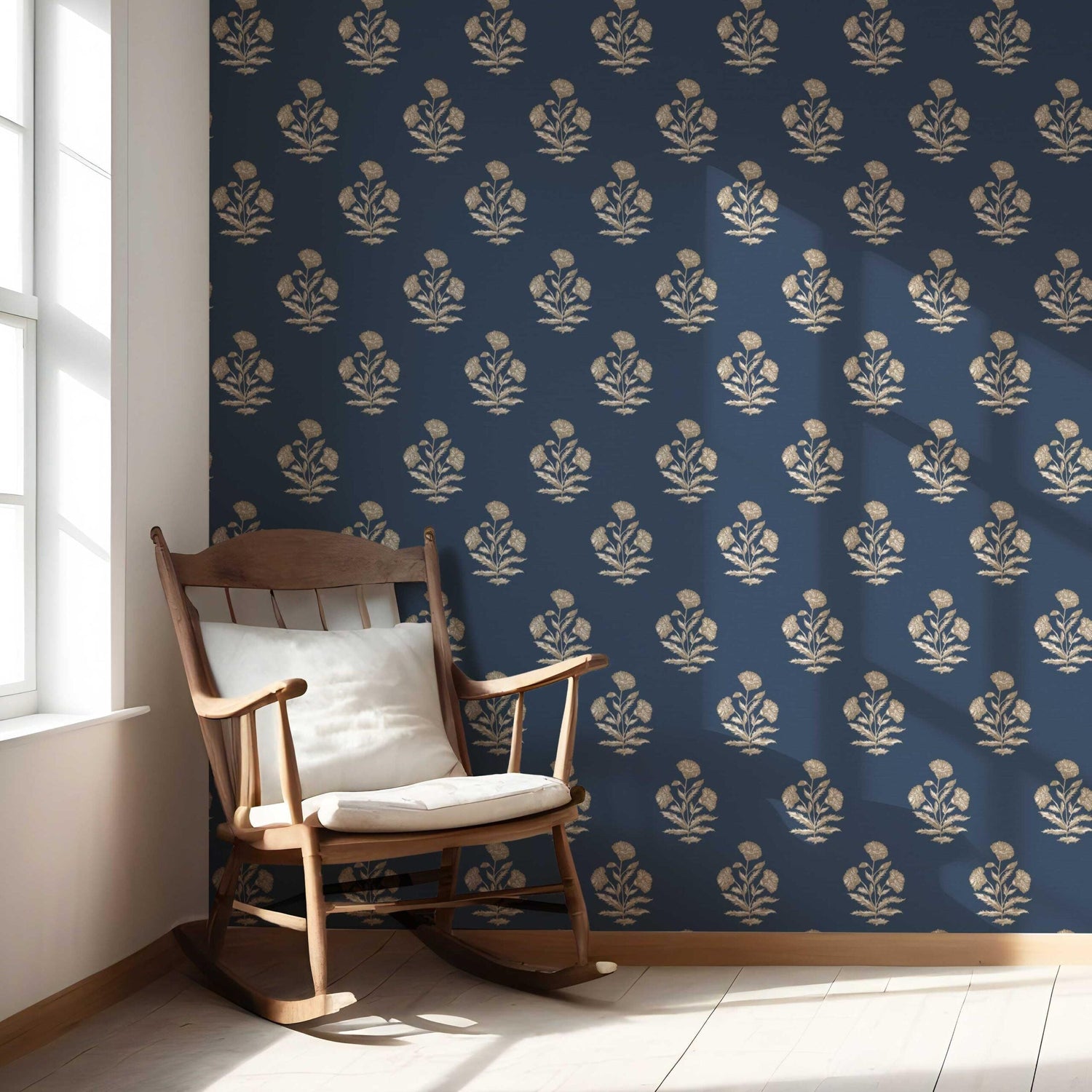 Floral Block Print Nursery Wallpaper (Navy Blue/ Beige)