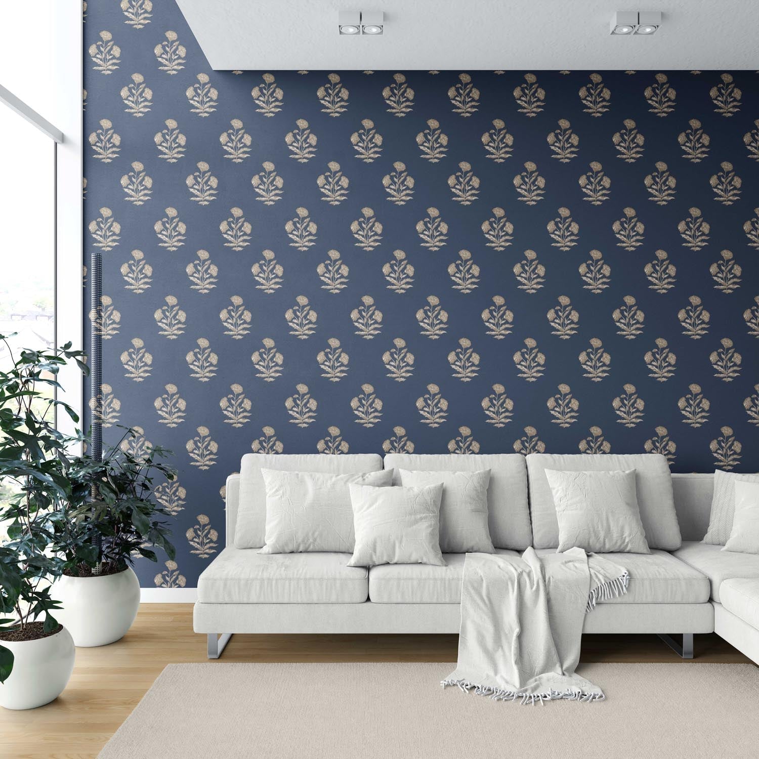 Floral Block Print Shower Toilet Wallpaper (Navy Blue/ Beige)