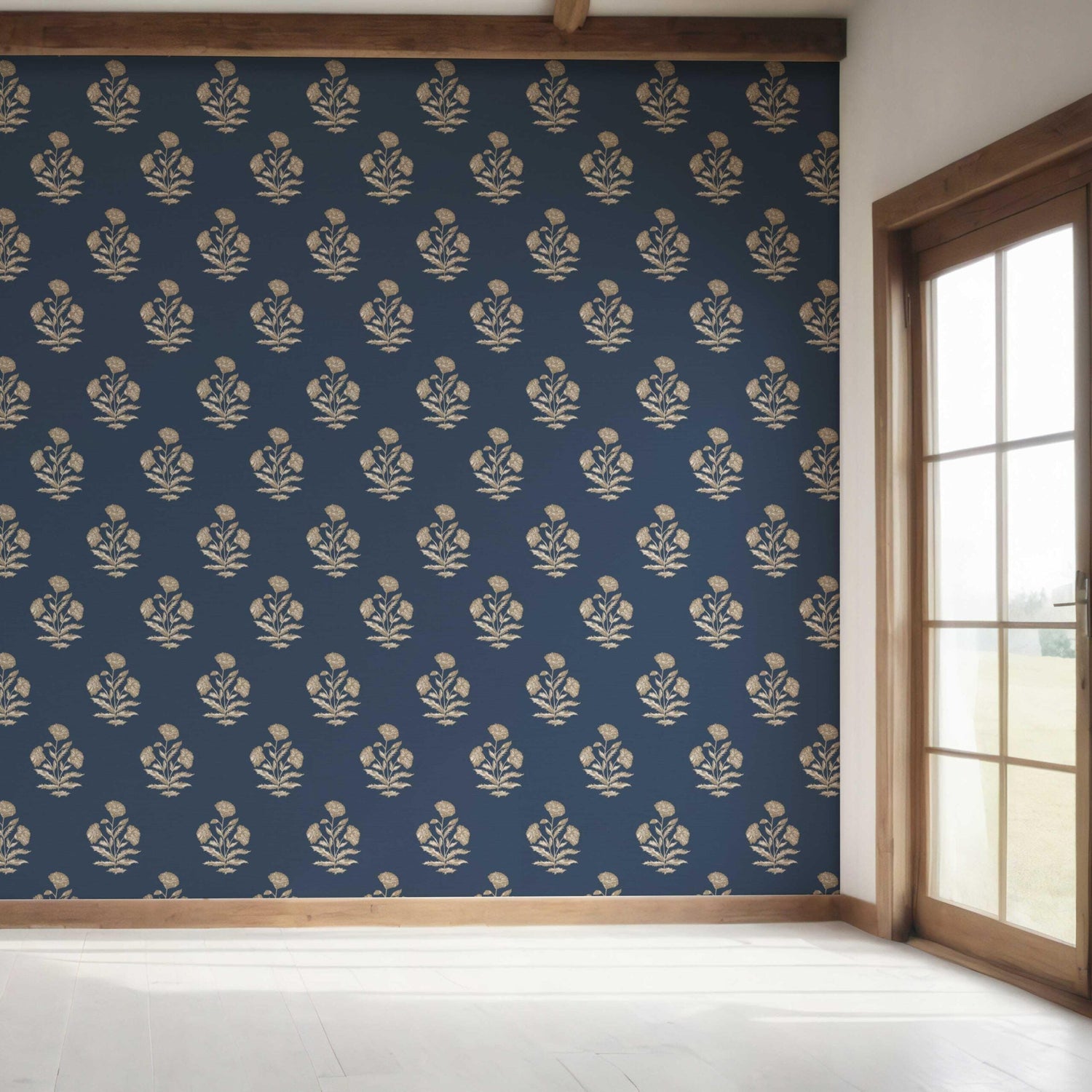 Floral Block Print Bedroom Wallpaper (Navy Blue/ Beige)