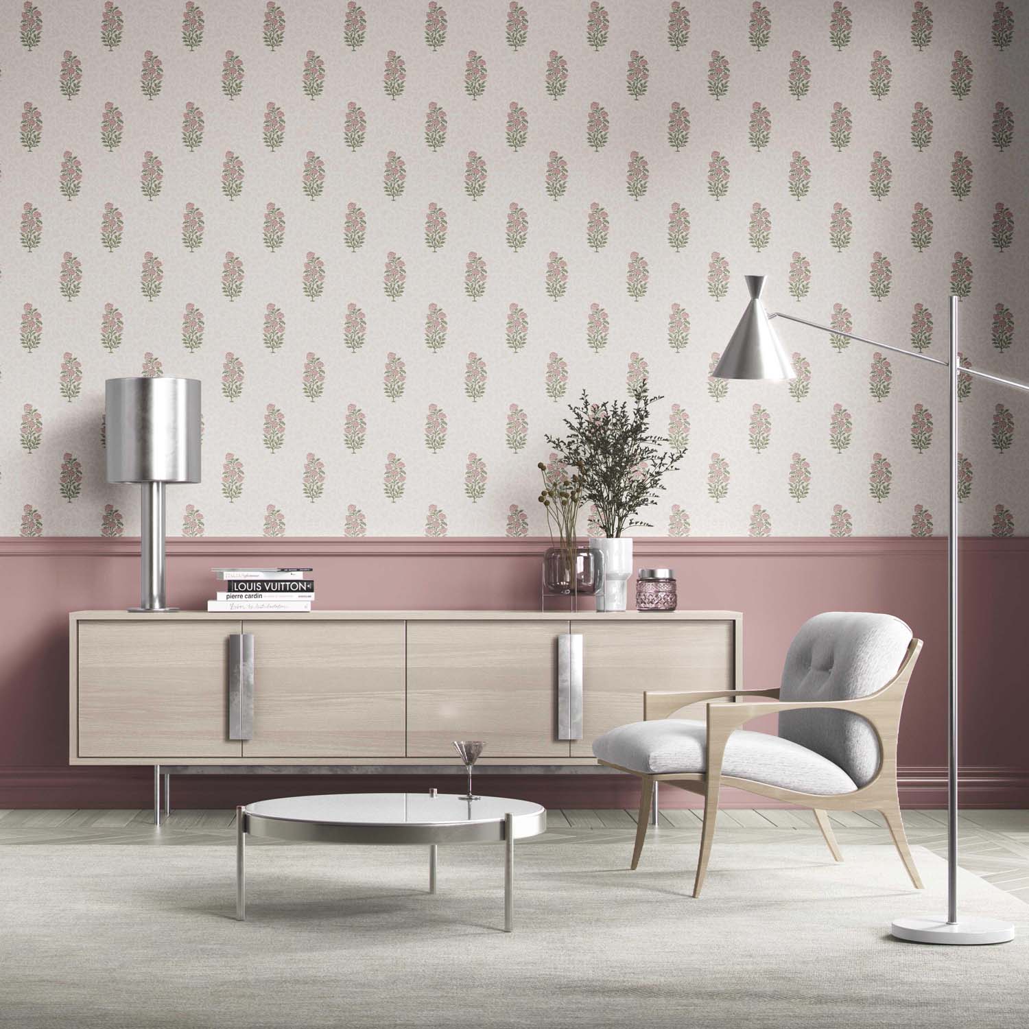 Floral Block Print Kitchen Wallpaper (Pink/ Green)