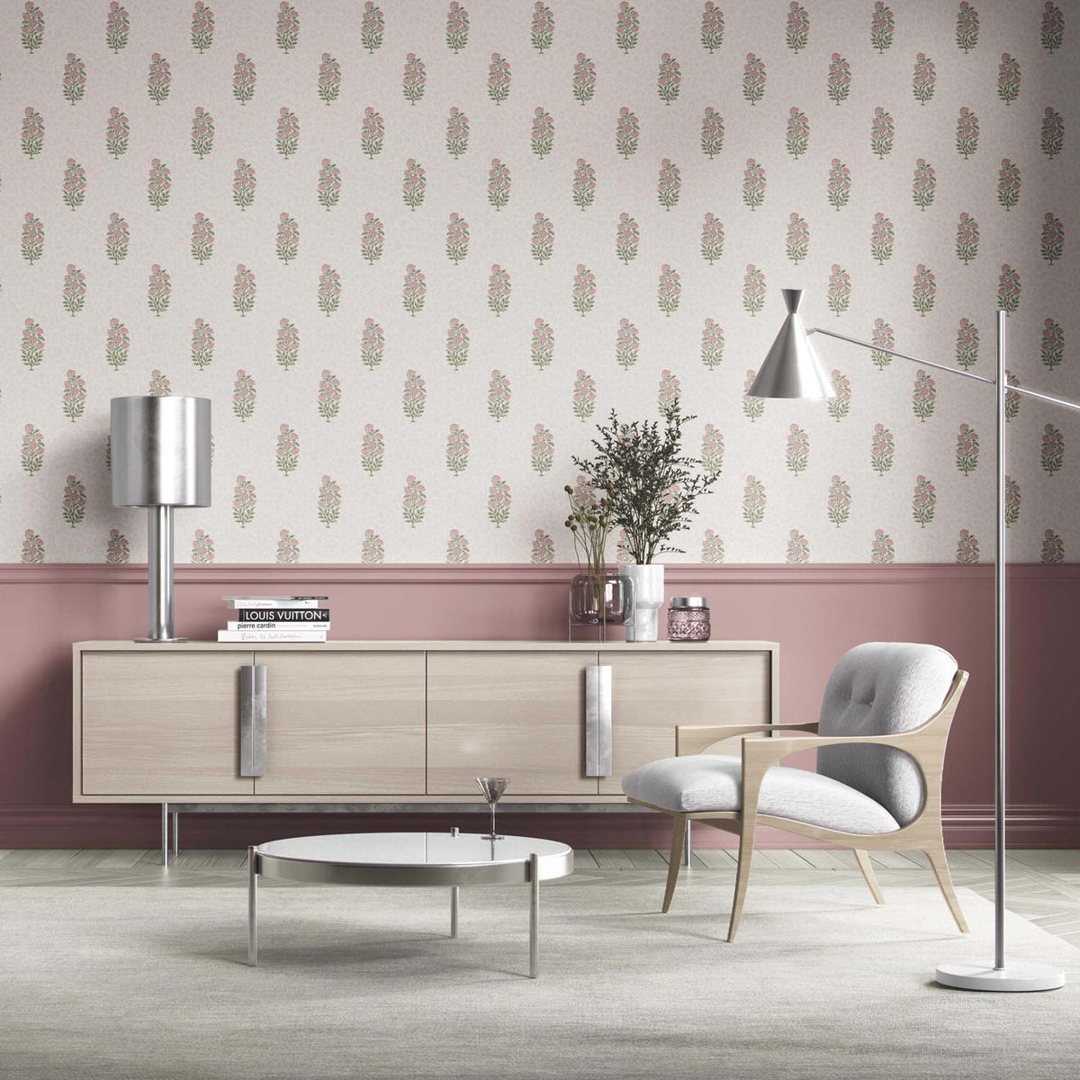 Floral Block Print Kitchen Wallpaper (Pink/ Green)