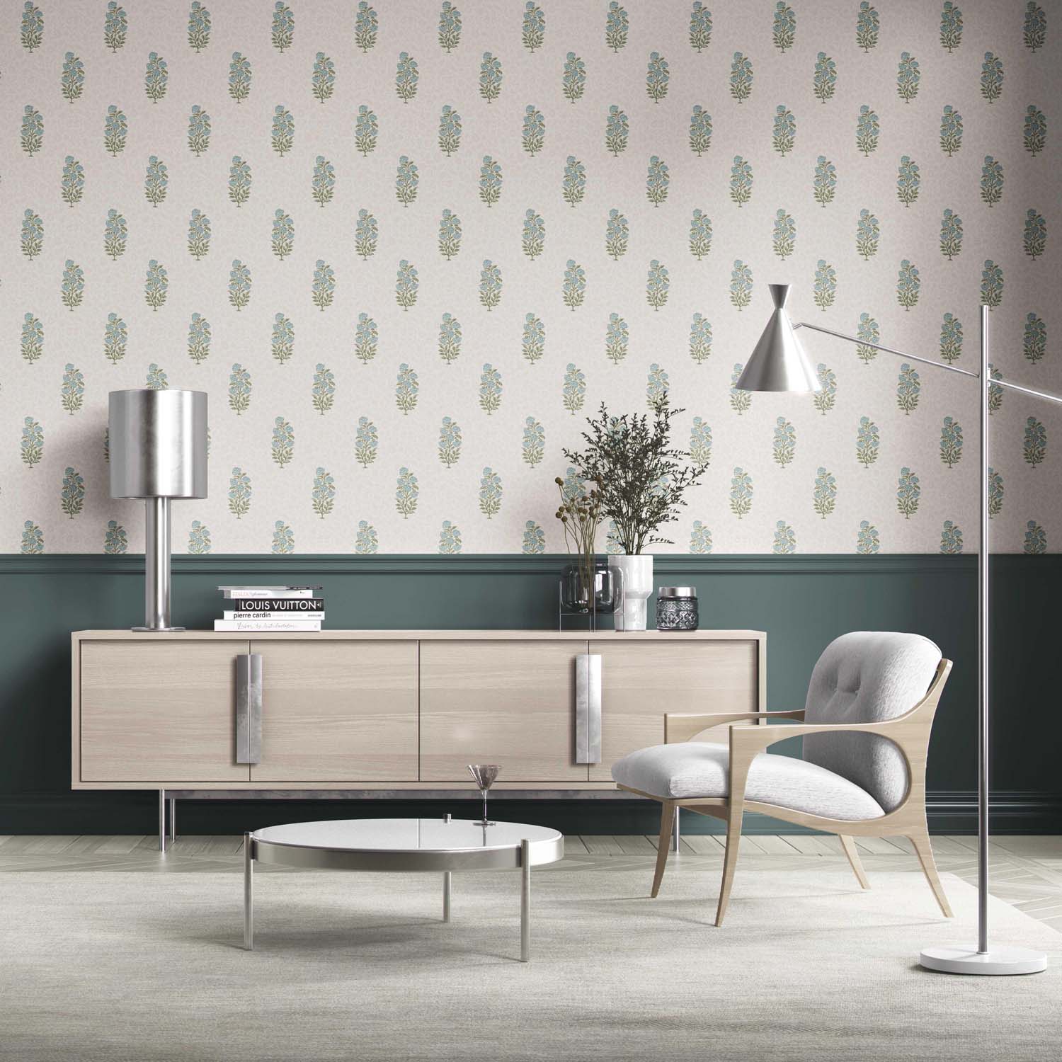 Floral Block Print Kitchen Wallpaper (Duck Egg Blue/ Green)