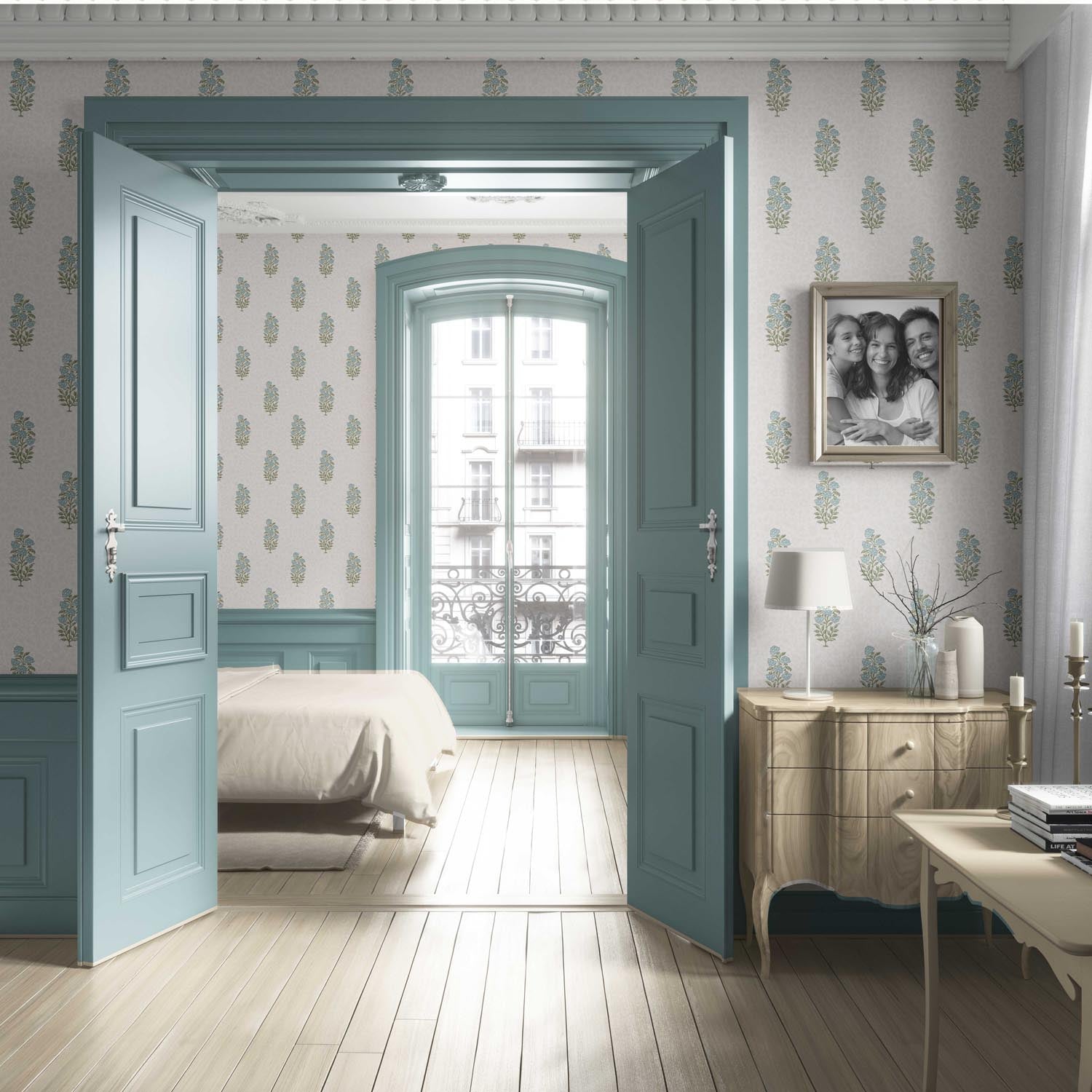 Floral Block Print Living Room Wallpaper (Duck Egg Blue/ Green)