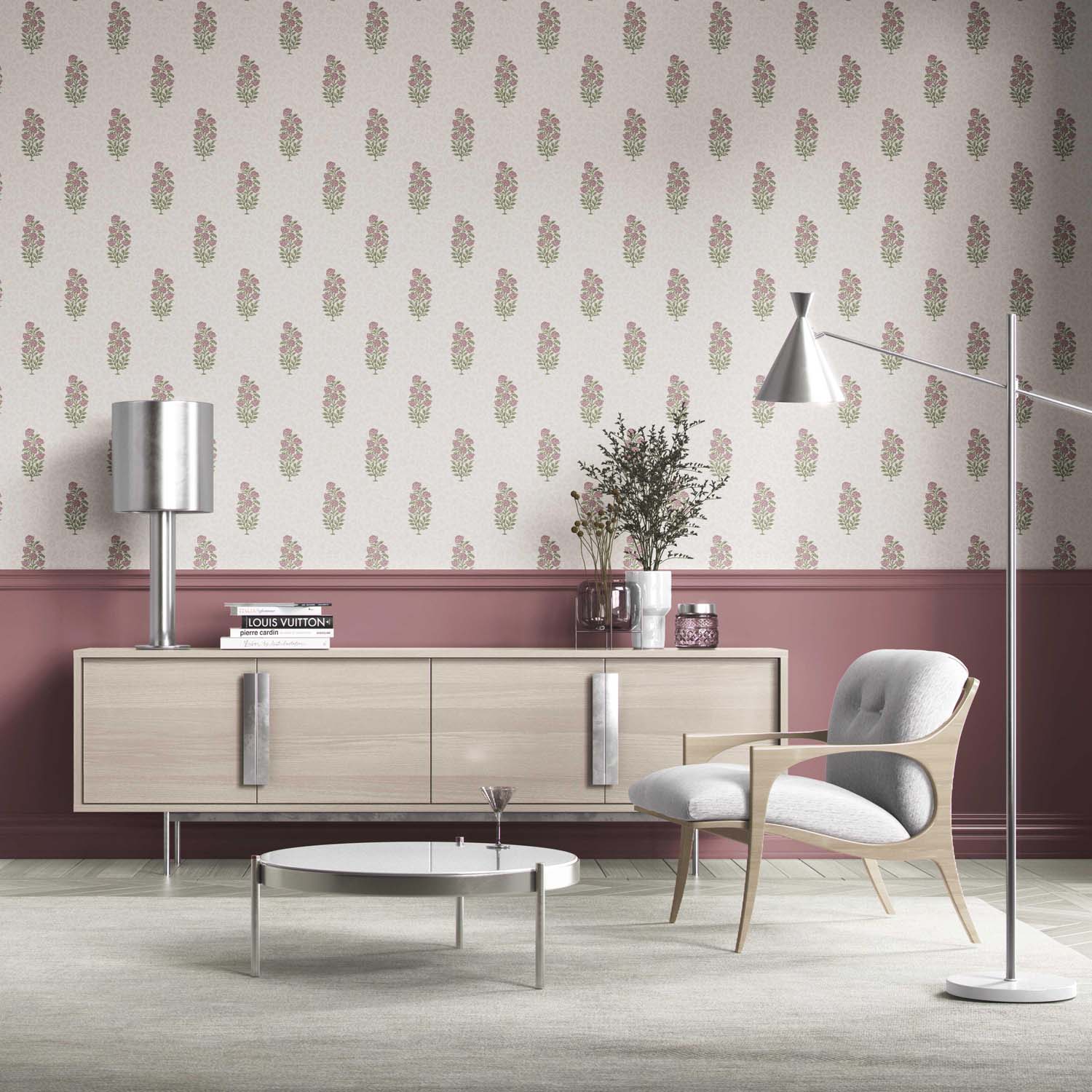 Floral Block Print Kitchen Wallpaper (Blush Pink/ Green)