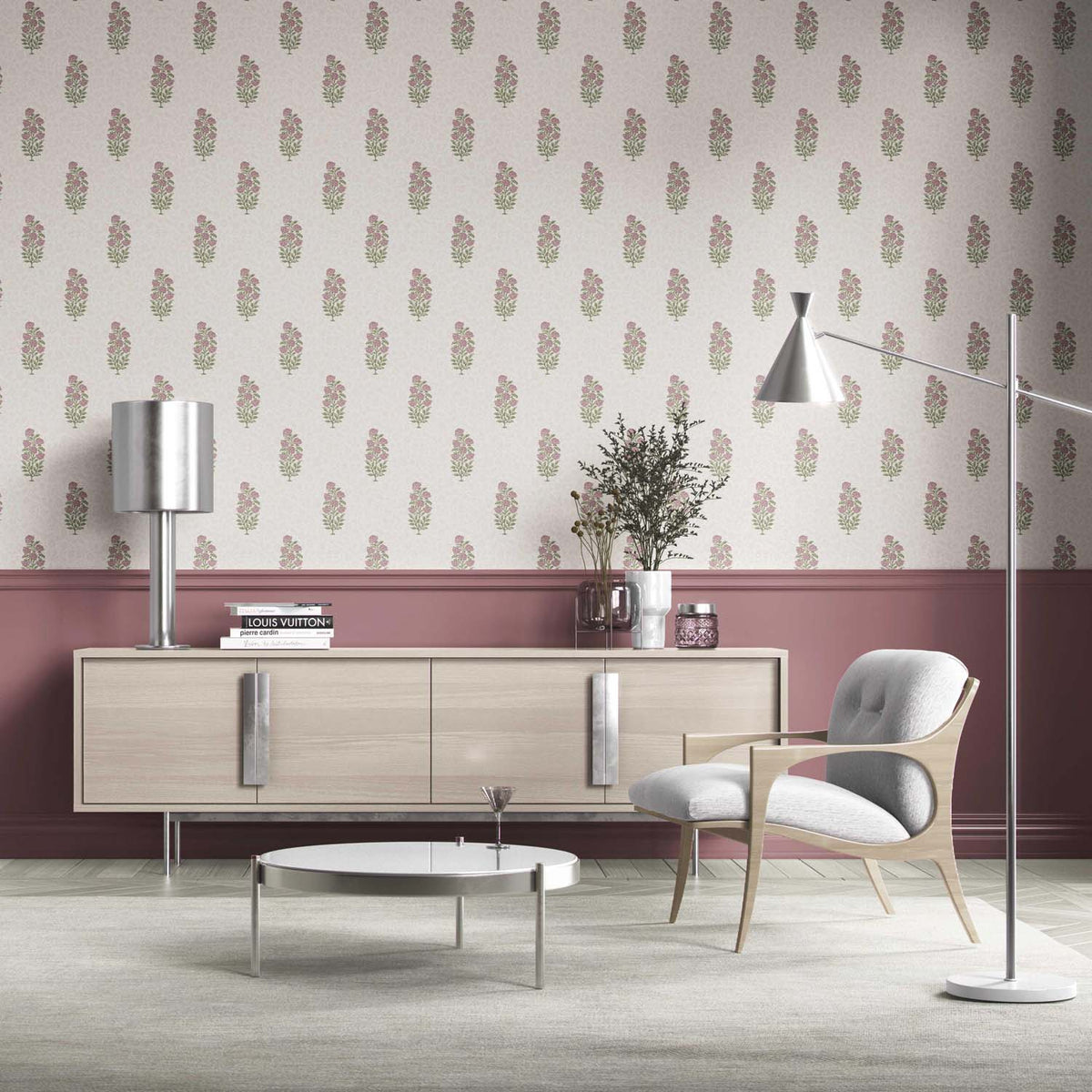 Floral Block Print Kitchen Wallpaper (Blush Pink/ Green)