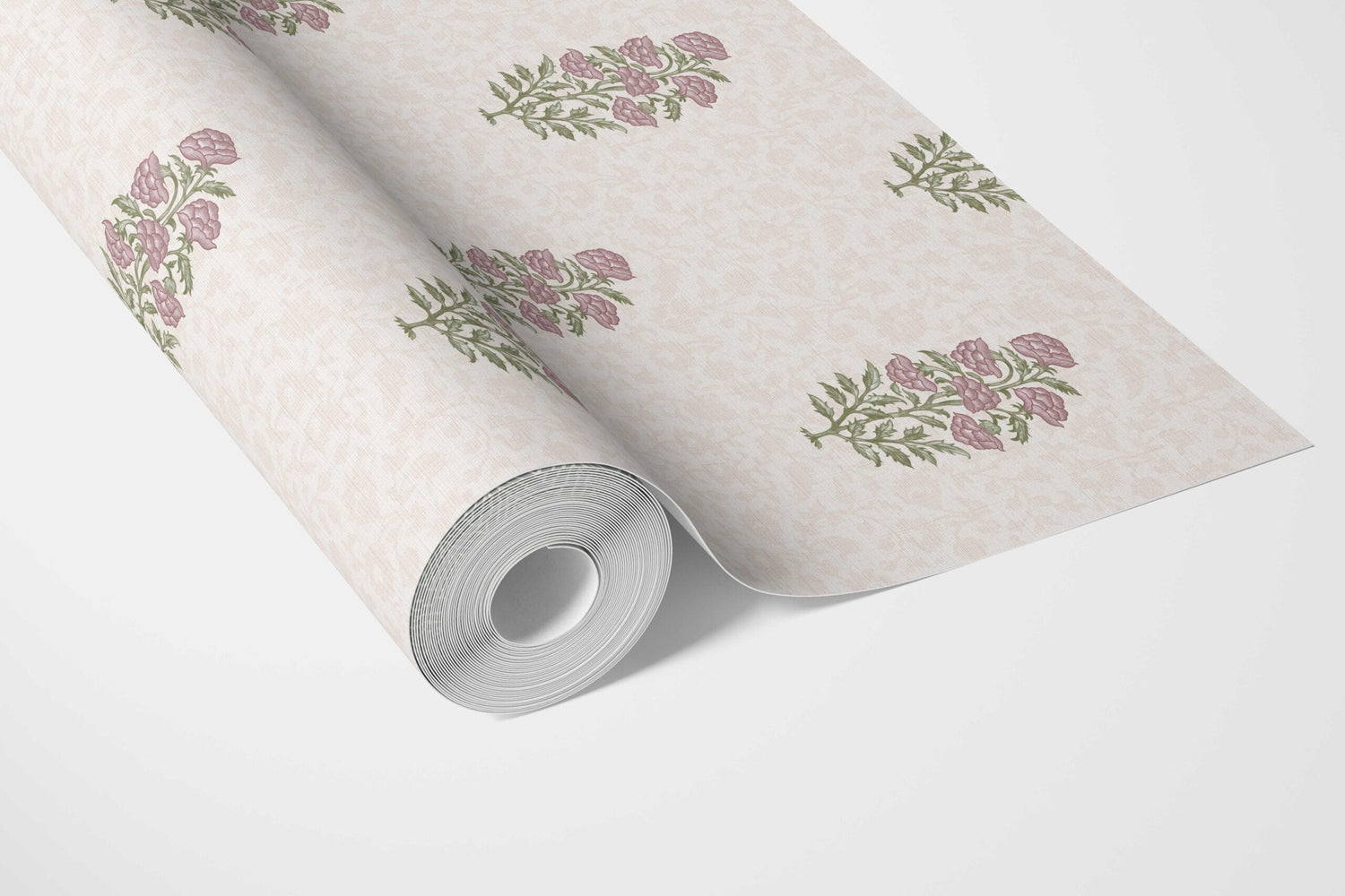 Floral Block Print Bathroom Wallpaper (Blush Pink/ Green)