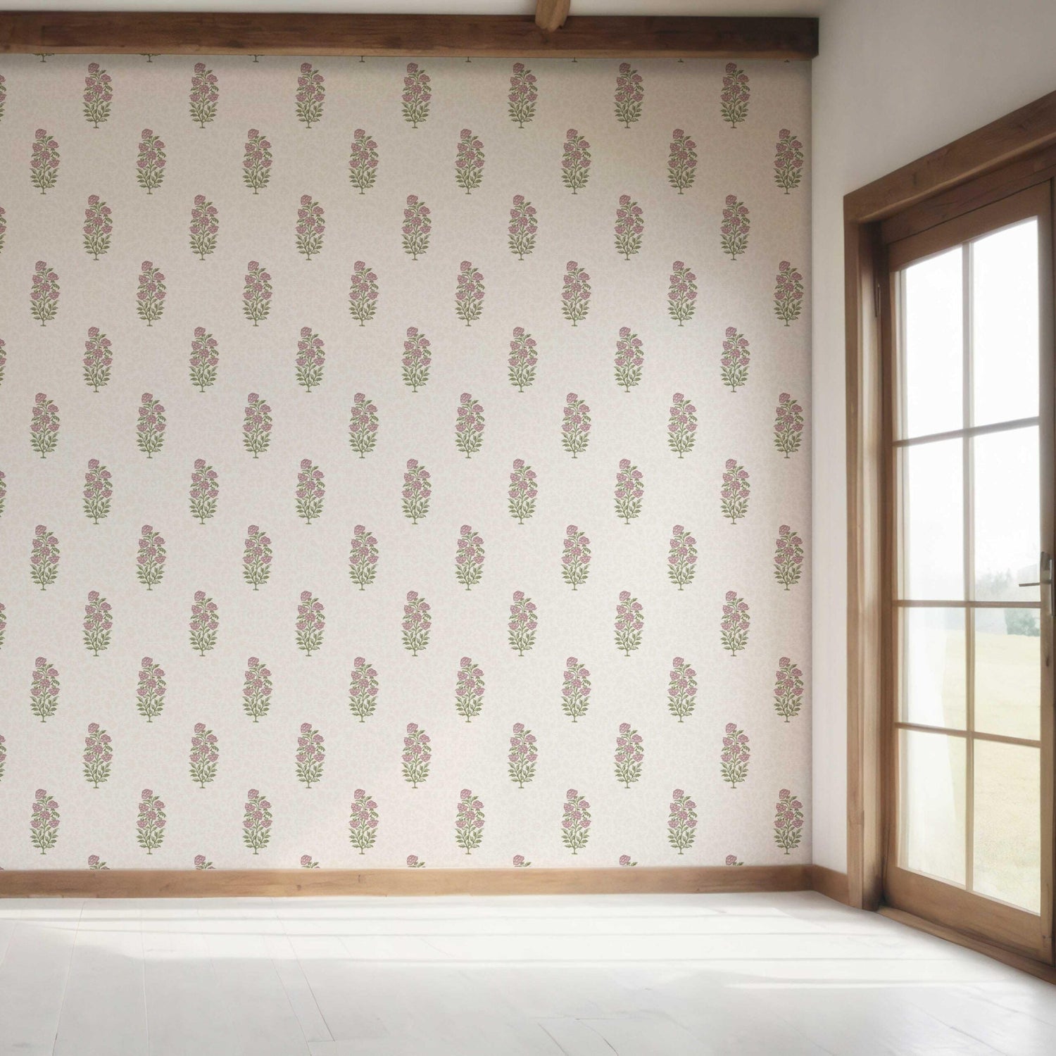 Floral Block Print Bedroom Wallpaper (Blush Pink/ Green)