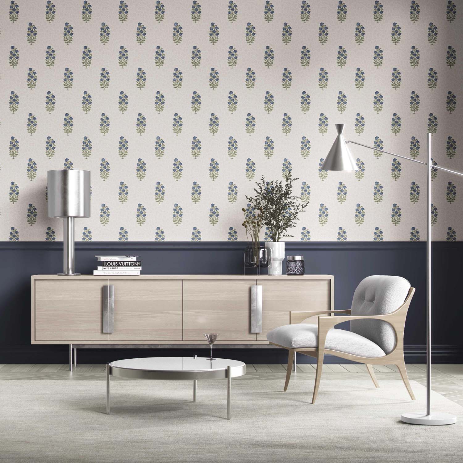 Floral Block Print Kitchen Wallpaper Navy Blue/ Green