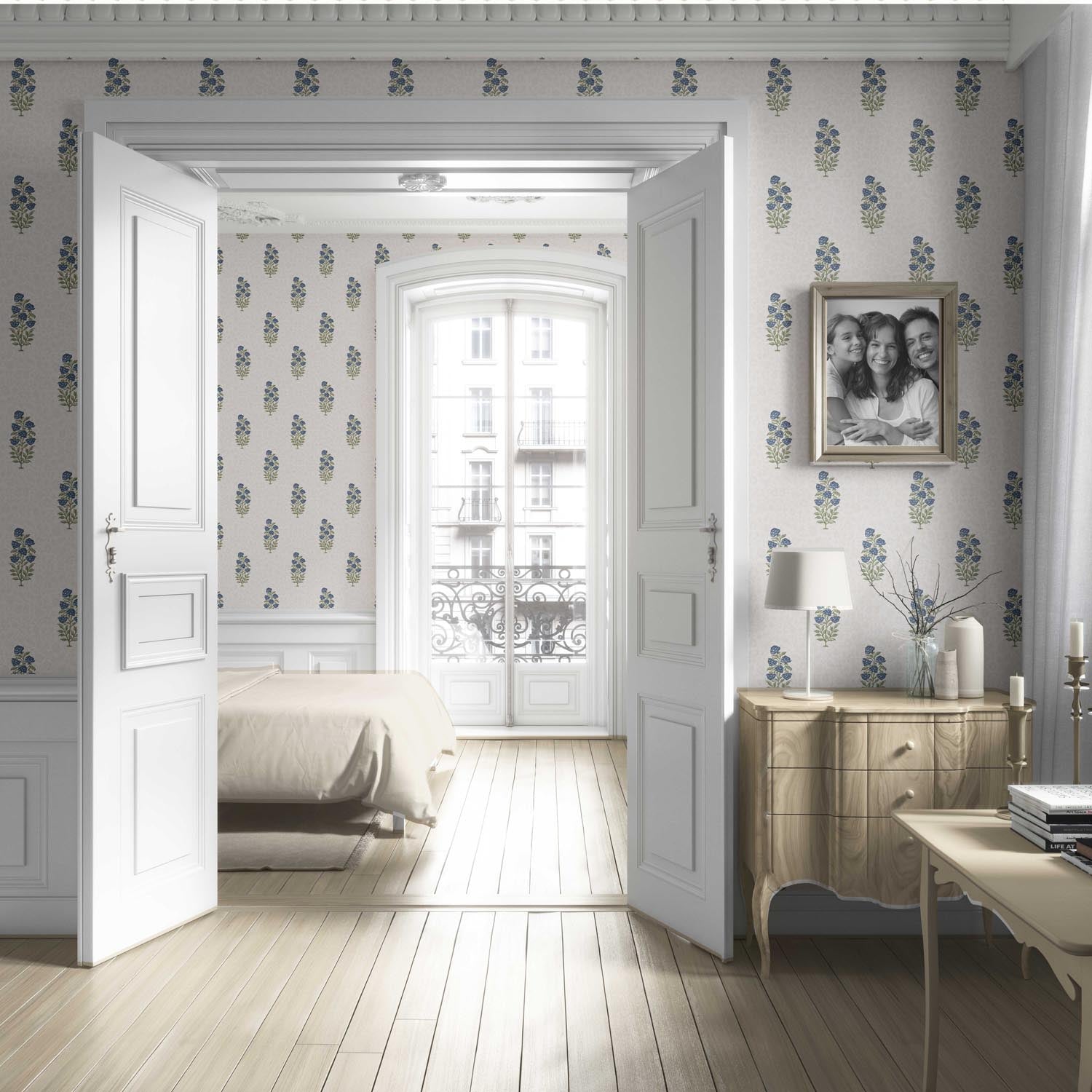 Floral Block Print Living Room Wallpaper Navy Blue/ Green