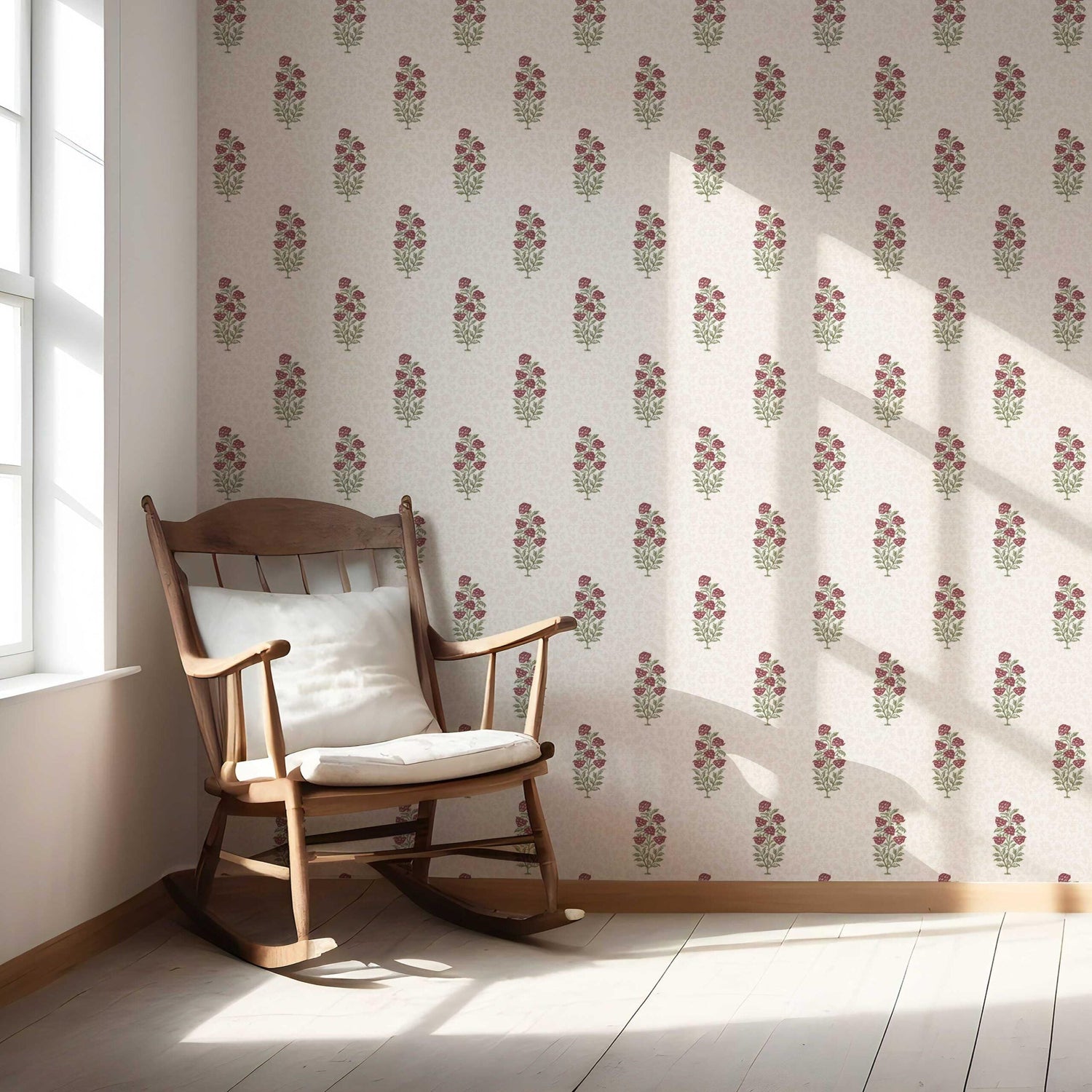 Floral Block Print Nursery Wallpaper (Deep Red/ Maroon/ Green)