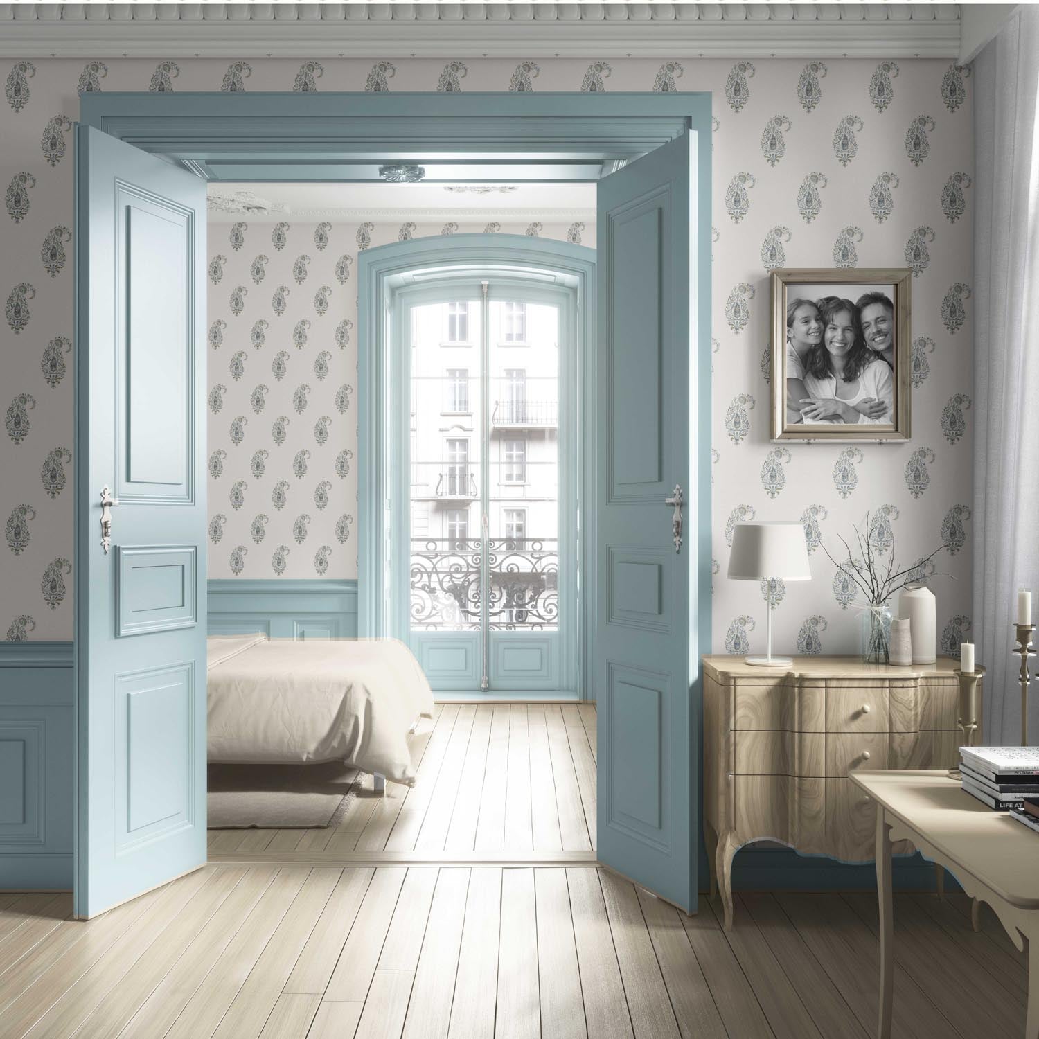 Paisley Floral Living Room Wallpaper (Beige/ Blue/ Green)