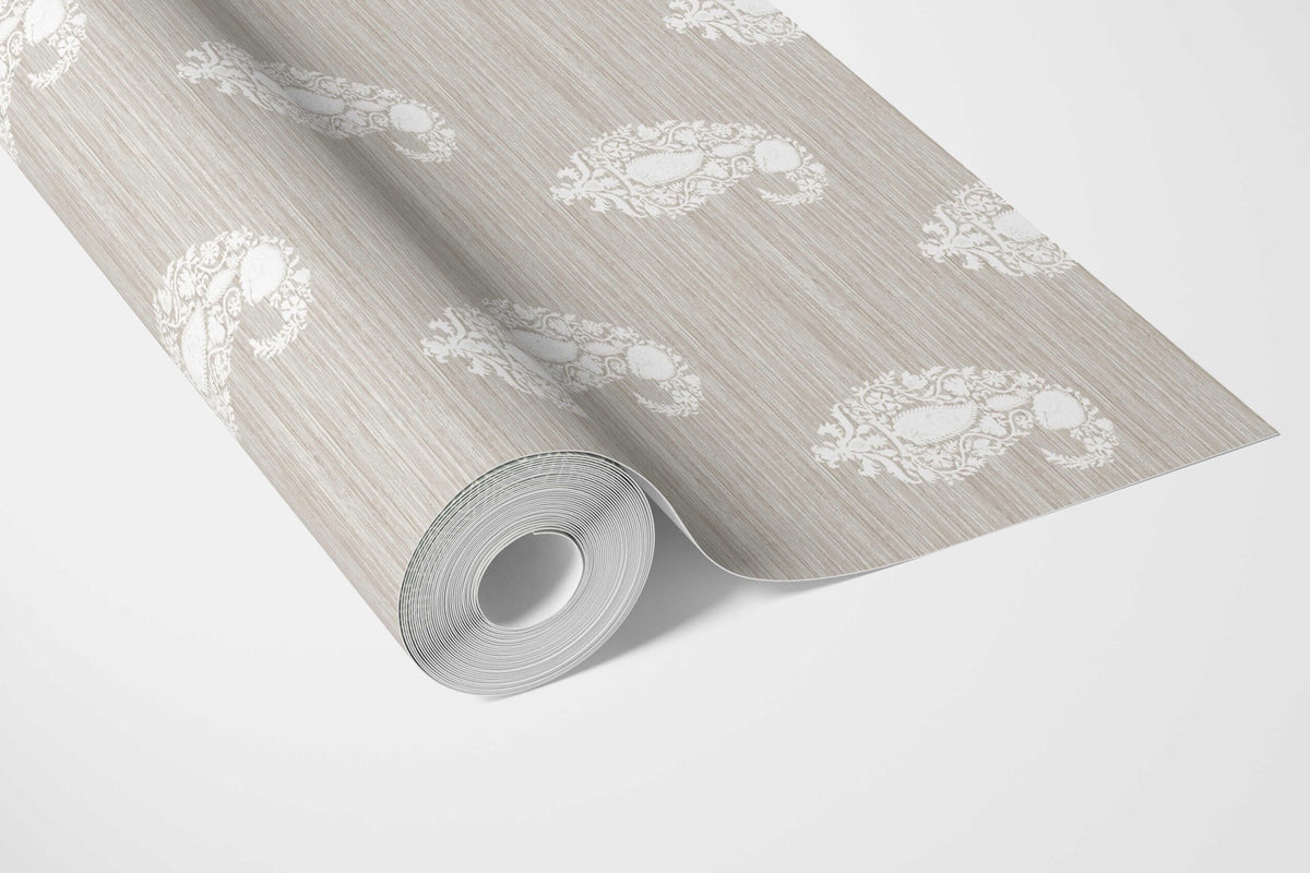 Neutral Paisley Floral Bathroom Wallpaper (Beige/ Warm Gray/ Taupe/ White)