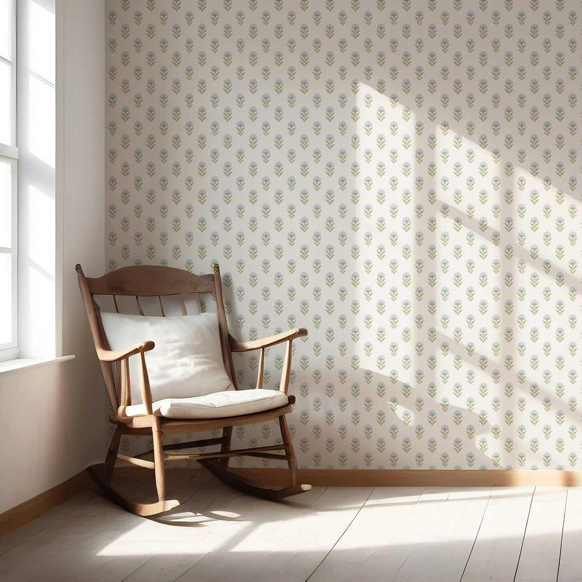 Floral Block Print Nursery Wallpaper (Blue/ Green)