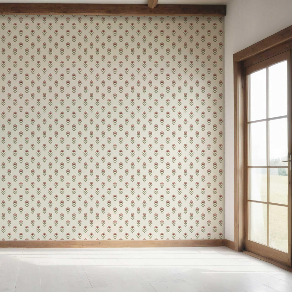 Floral Block Print Bedroom Wallpaper (Red/ Green)