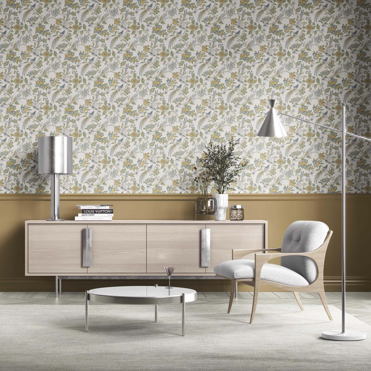 Floral/ Birds Print Kitchen Wallpaper (Blue/ Green/ Yellow/ Gray)