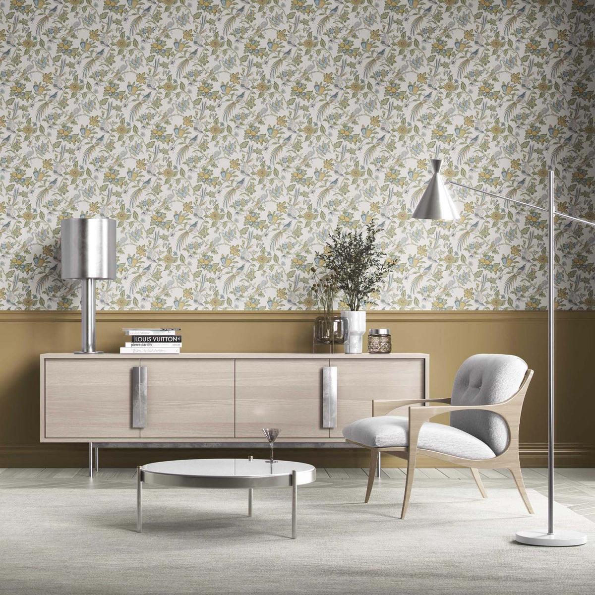 Floral/ Birds Print Kitchen Wallpaper (Blue/ Green/ Yellow/ Gray)